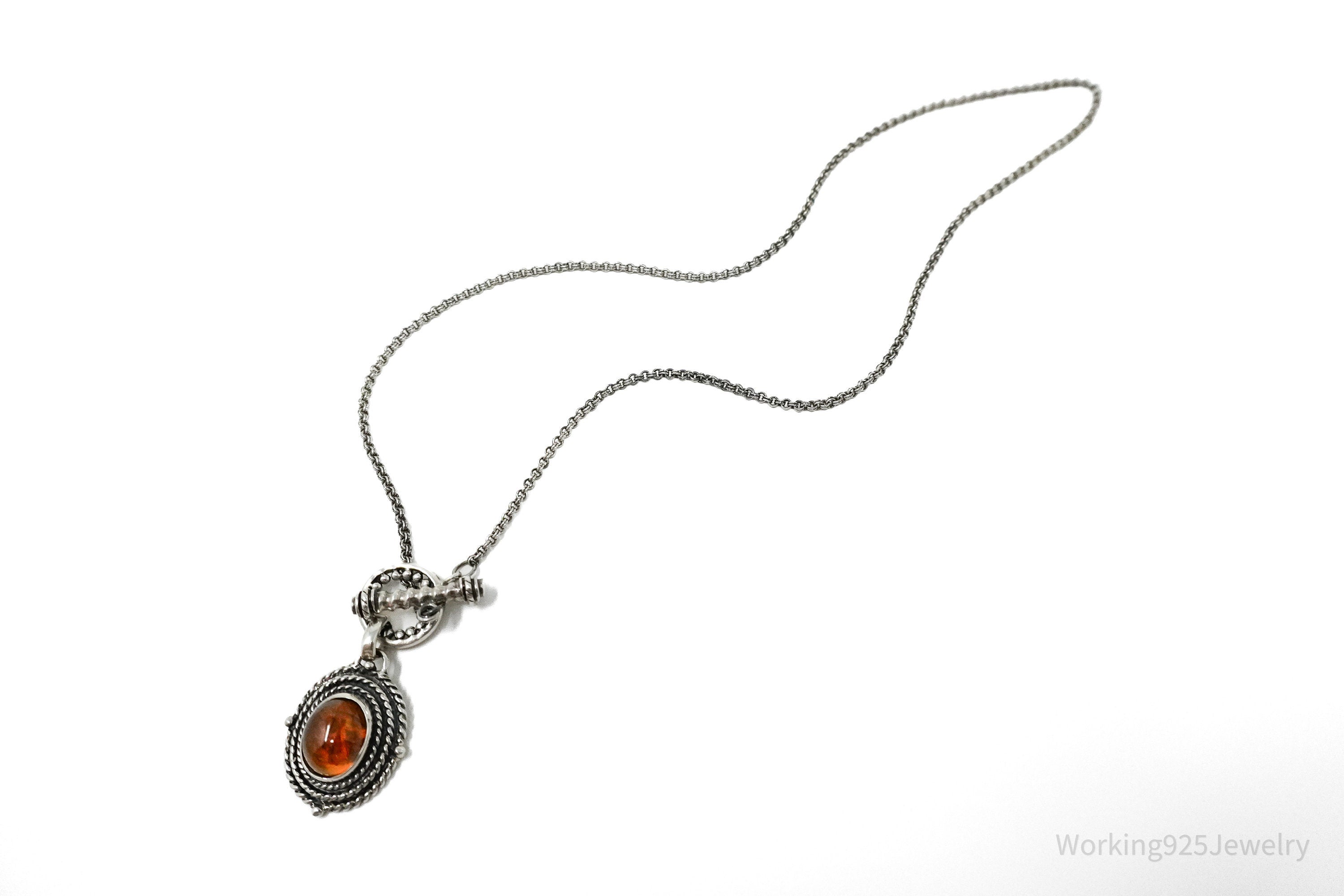 Vintage Amber Sterling Silver Toggle Necklace 18"