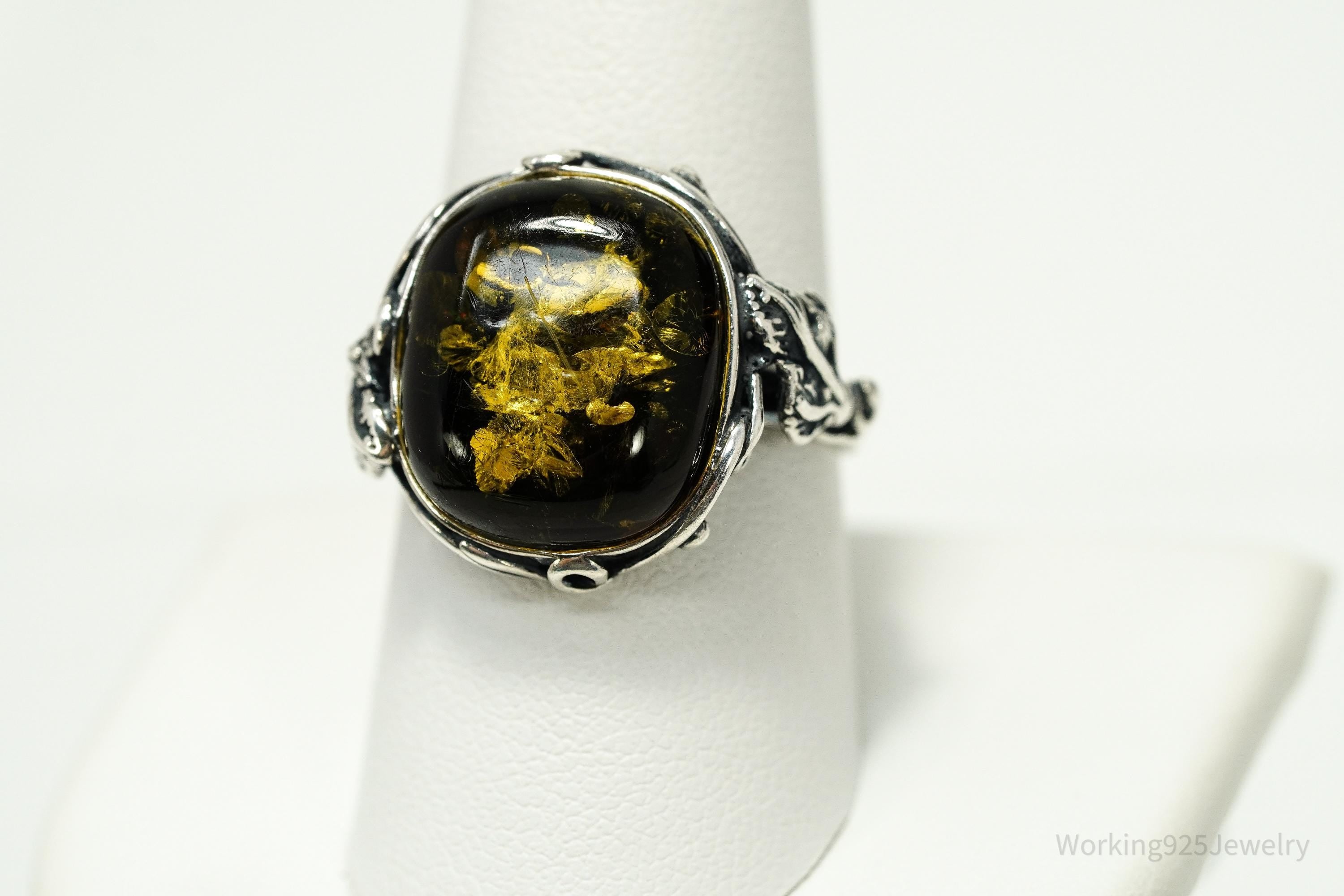 Vintage Large Amber Modernist Style Sterling Silver Ring - Size 9