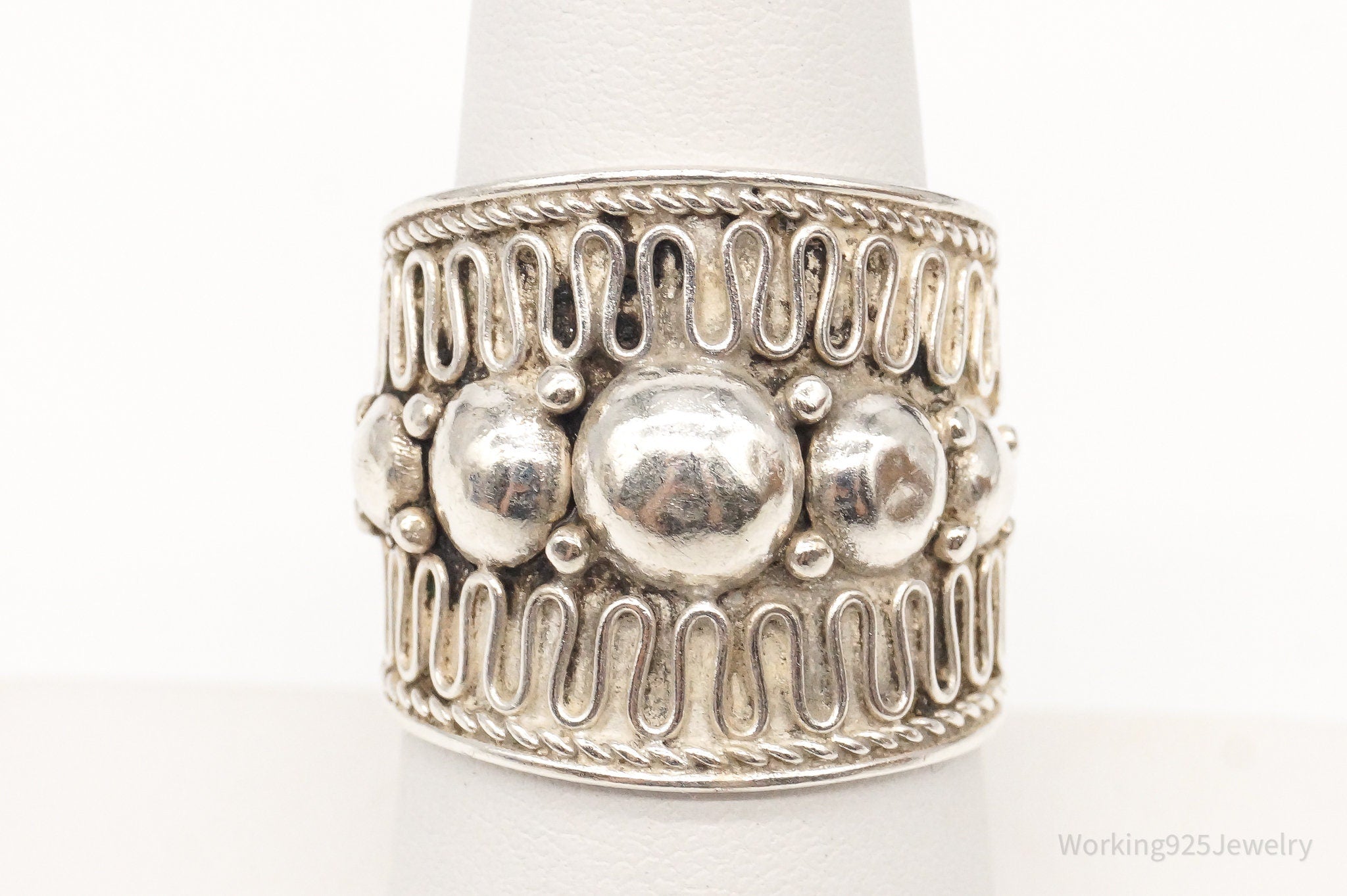 Vintage Ornate Filigree Sterling Silver Band Ring - Size 8 Adjustable