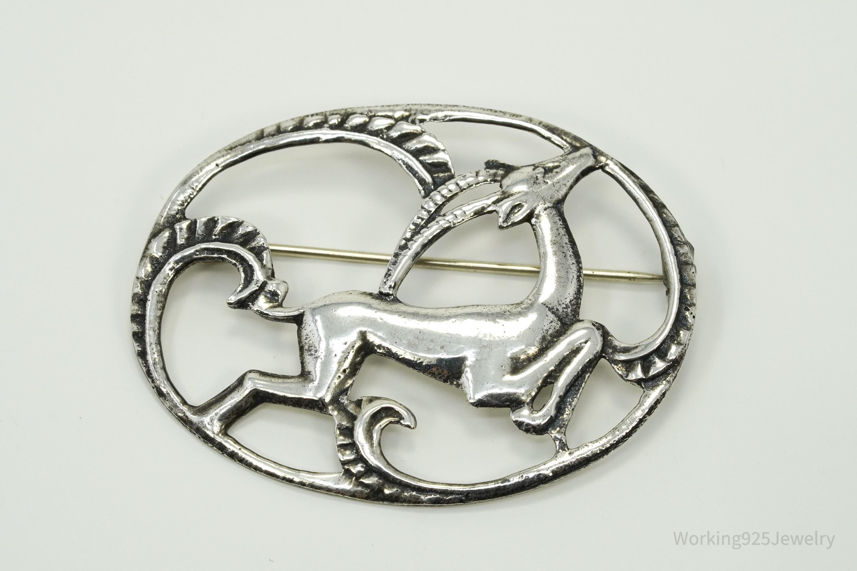 Large Antique Gazelle Sterling Silver Brooch Pin