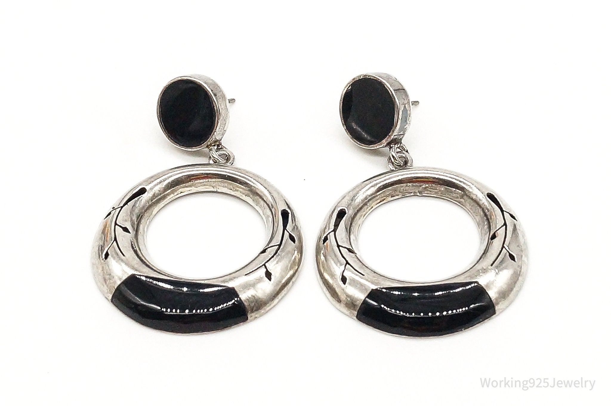 Vintage Mexico Black Onyx 950 Silver Southwestern Style Earrings