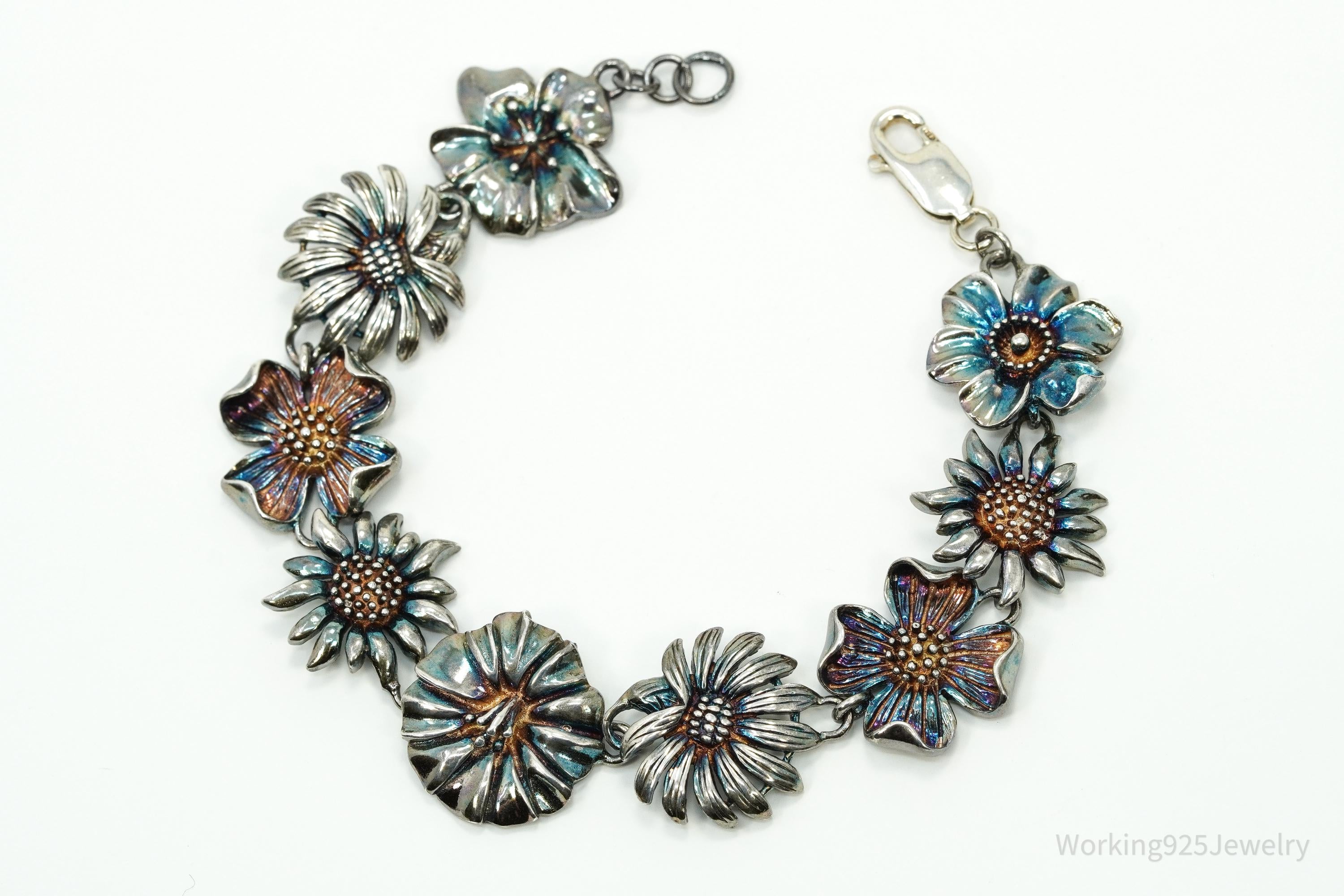Vintage Flowers Sterling Silver Bracelet 7.5"
