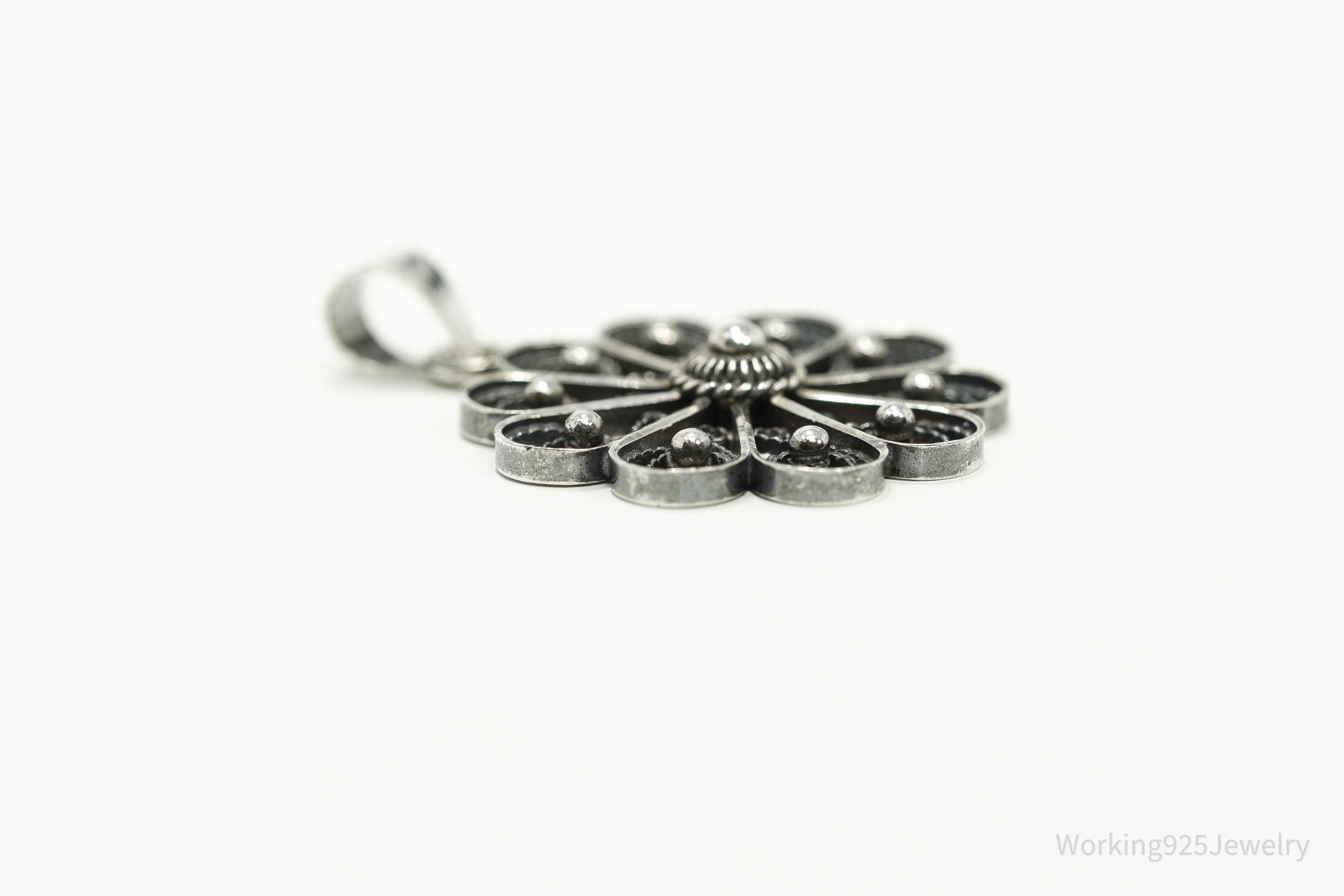 Vintage Ornate Norwegian Modernist Flower 830S Silver Pendant 1.25"