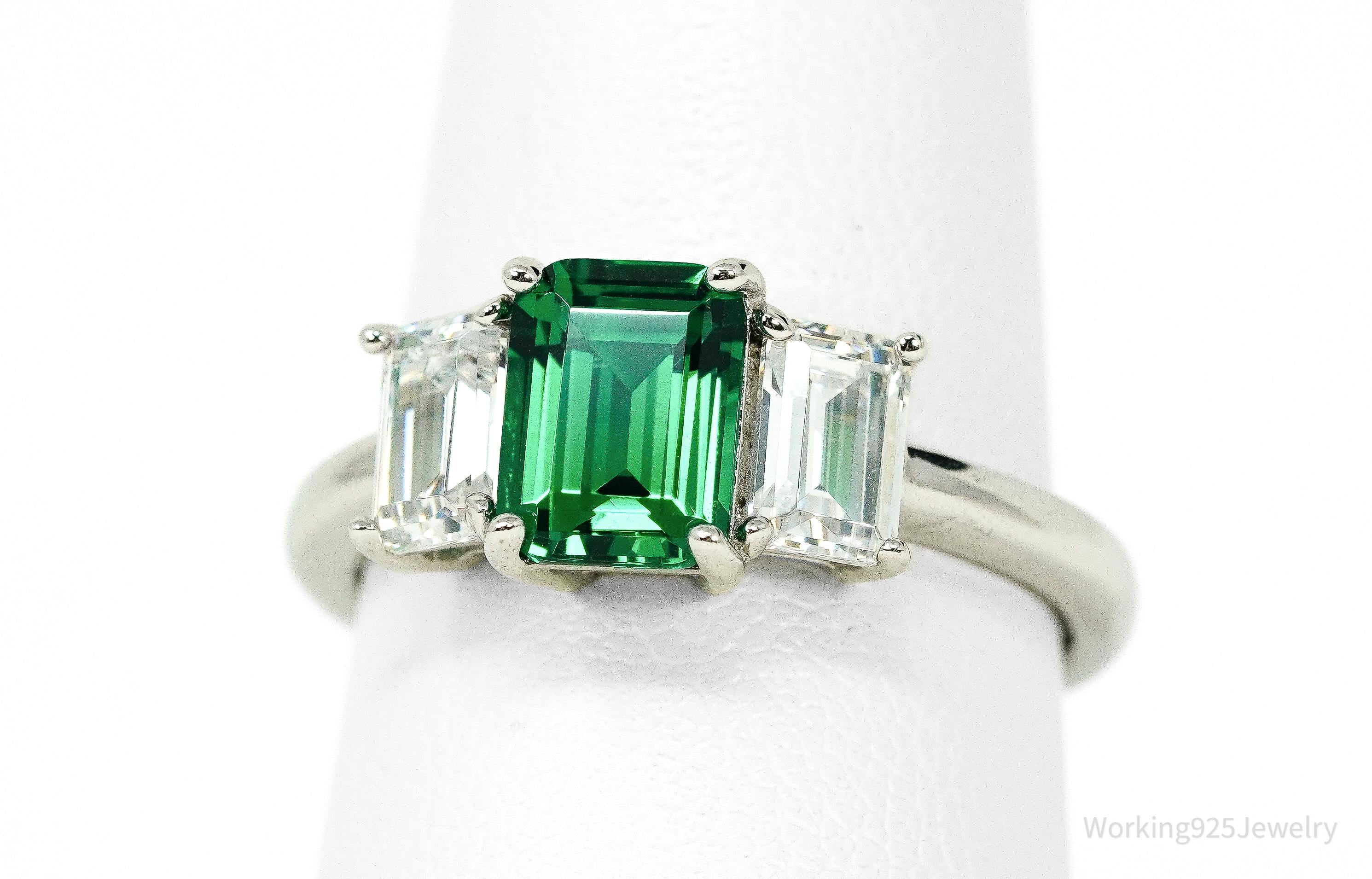 Vintage Lab Emerald & Cubic Zirconia Sterling Silver Ring - Size 8