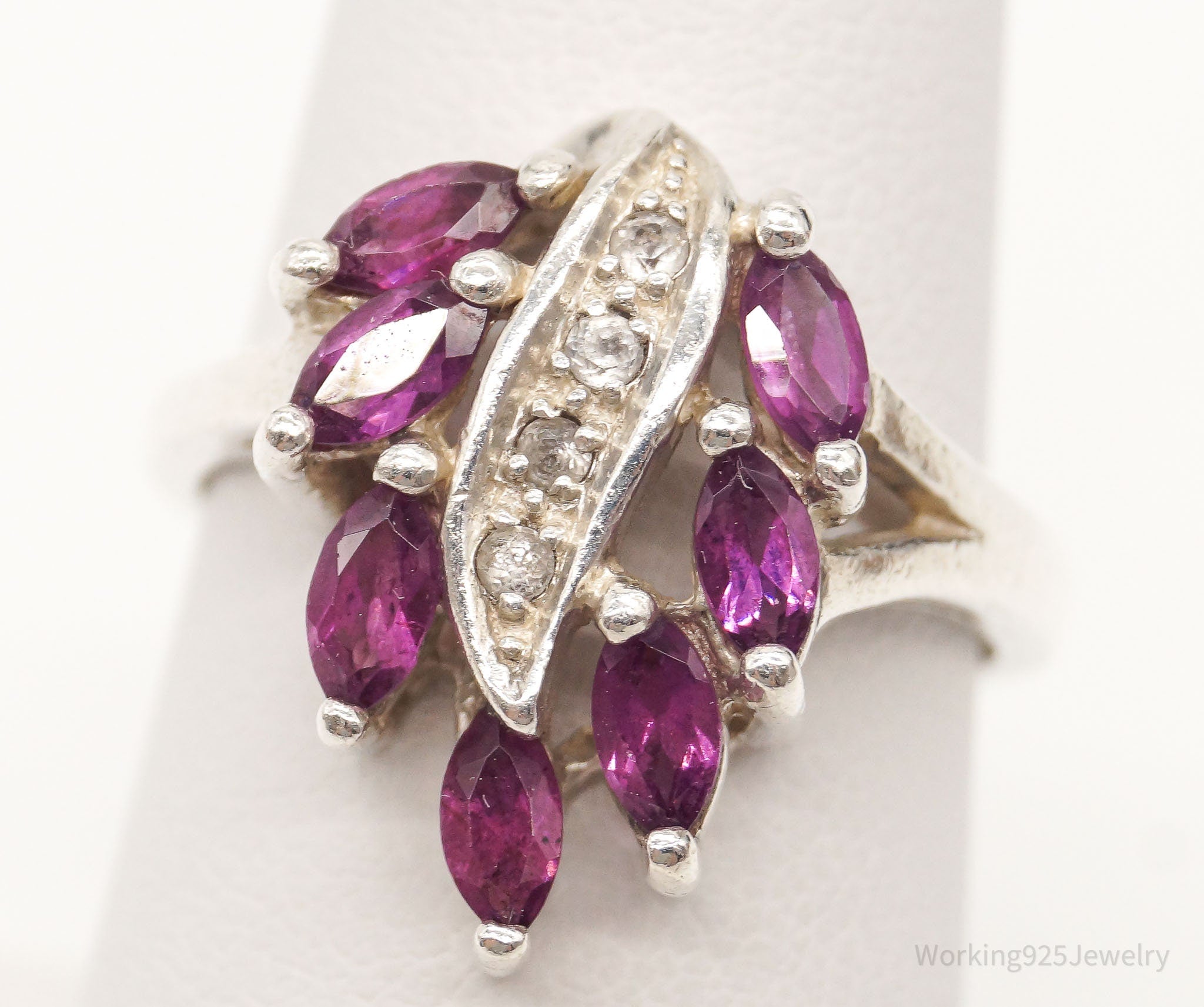 Vintage Rhodolite Garnet White Topaz Sterling Silver Ring - Size 7.75