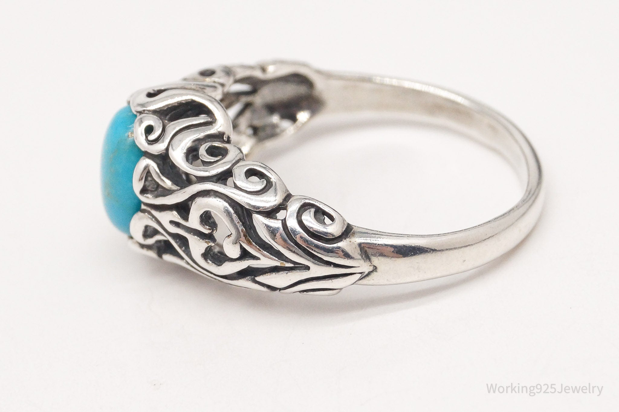 Vintage Blue Turquoise Scroll Swirl Sterling Silver Ring - Size 7.25