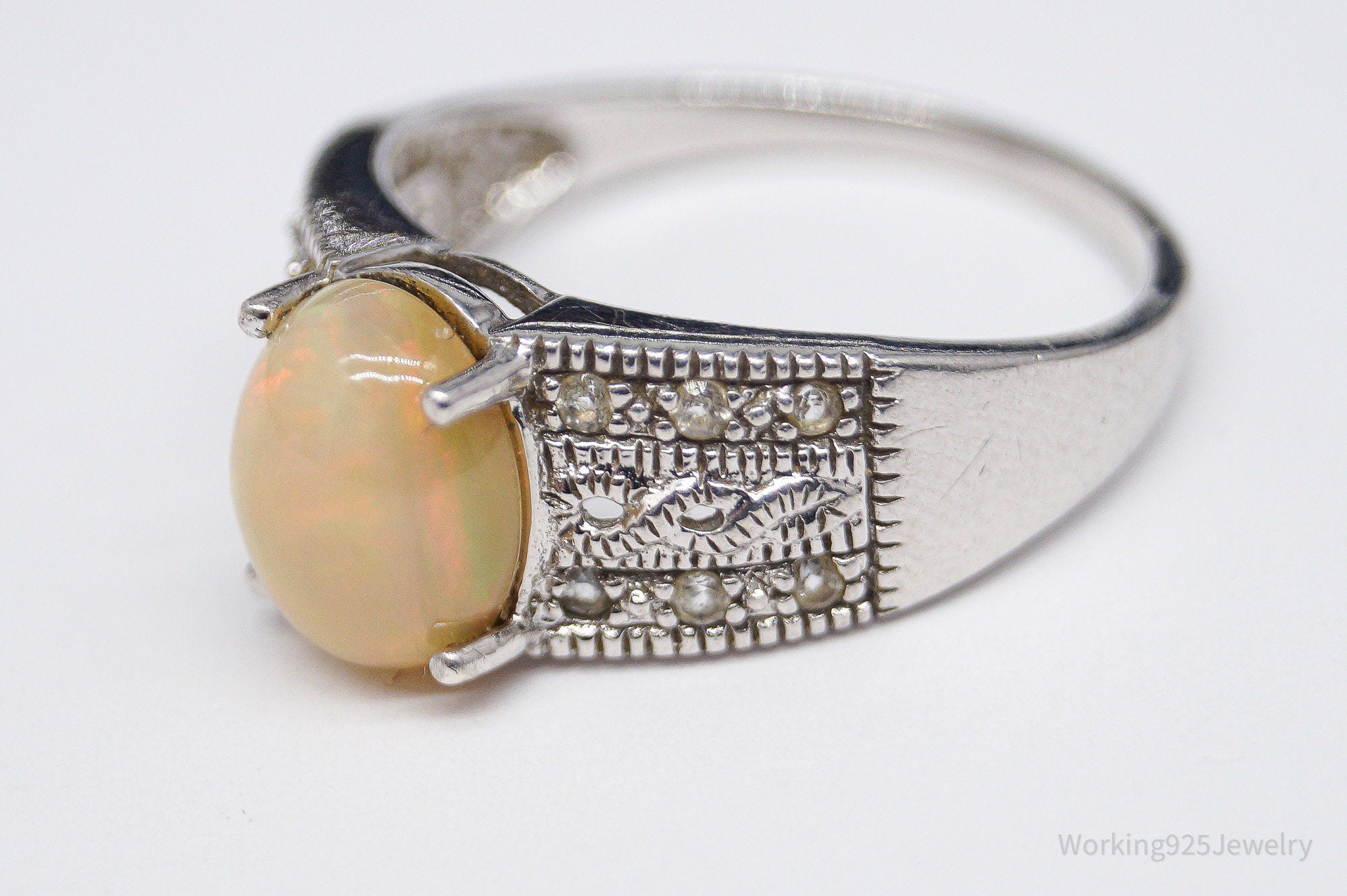 Vintage Opal White Topaz Sterling Silver Ring - Size 9.75