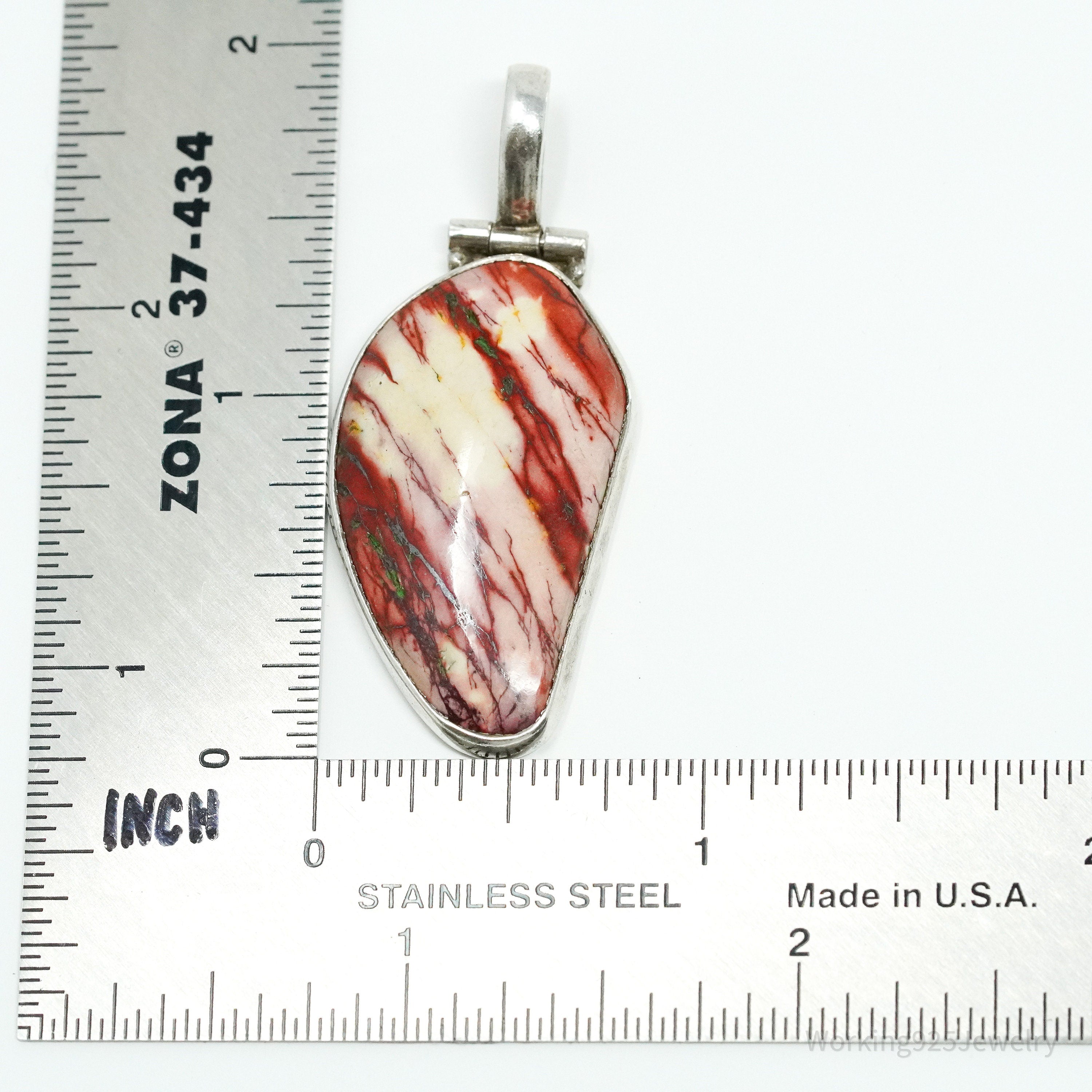Vintage Large Red Snakeskin Jasper Sterling Silver Necklace Pendant