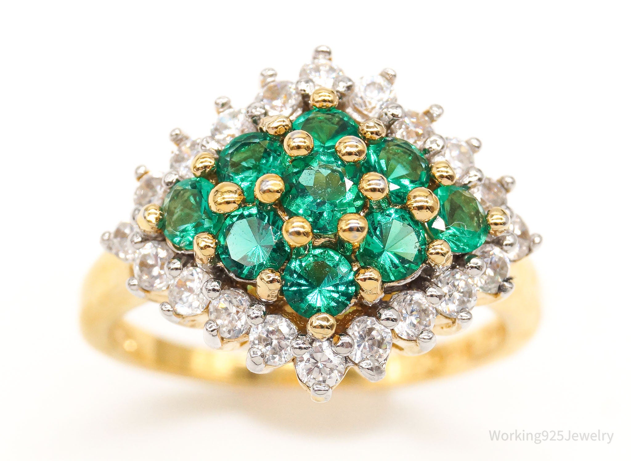 Designer UTC Lab Emerald CZ Gold Vermeil Sterling Silver Ring SZ 7.75