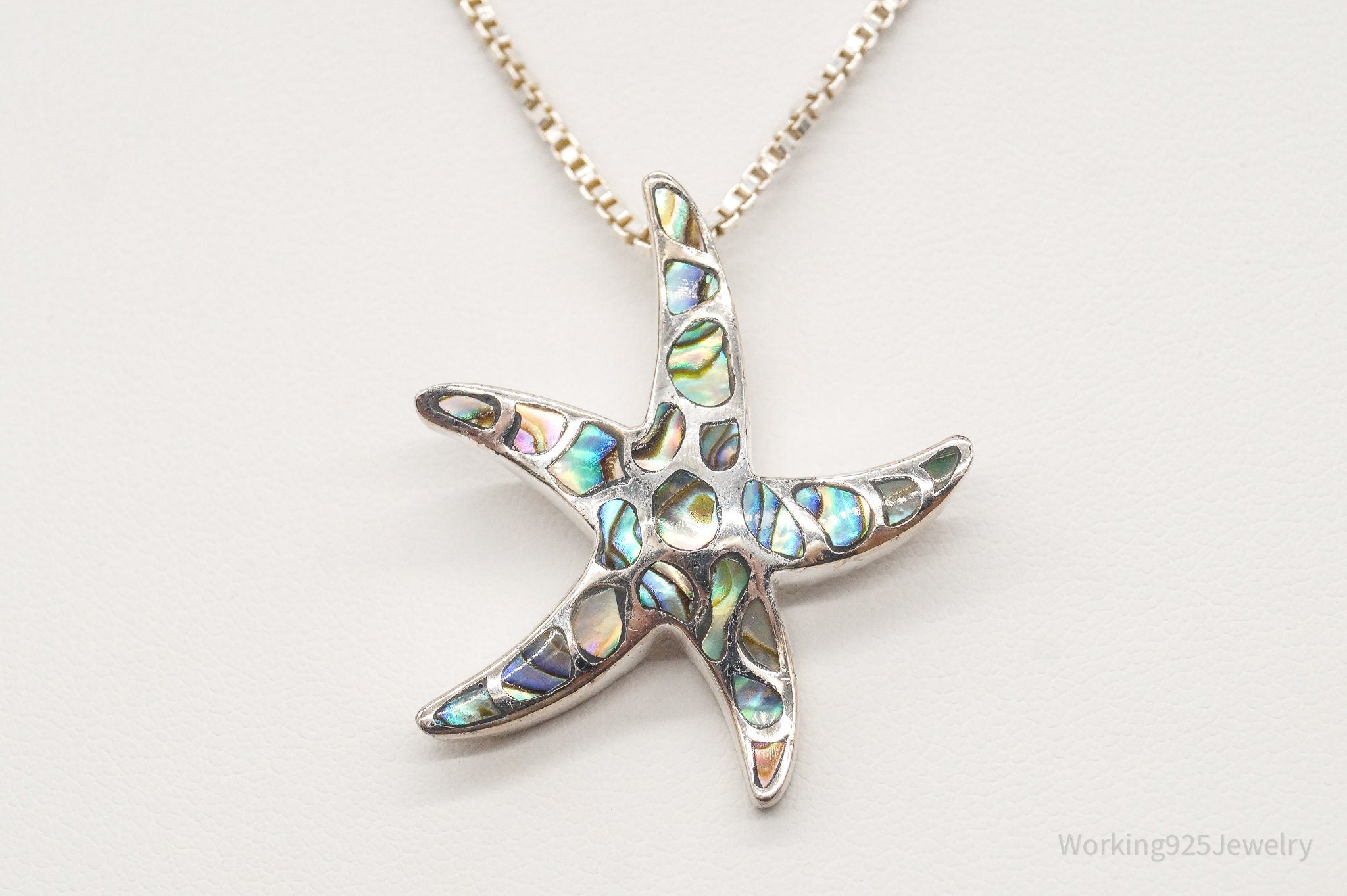 Vintage Paua Abalone Shell Starfish Sea Life Sterling Silver Necklace