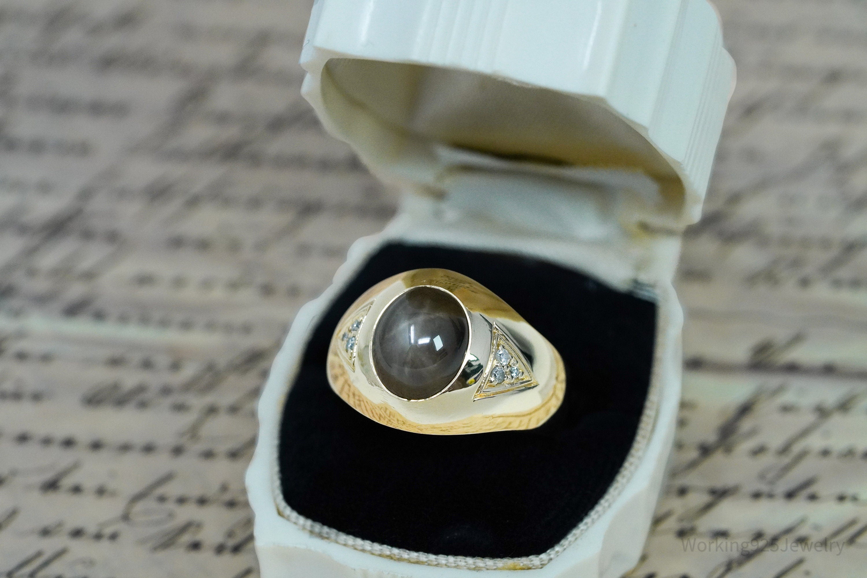 14K Yellow Gold, Synthetic Star Sapphire & Diamond Ring - Size 9.5