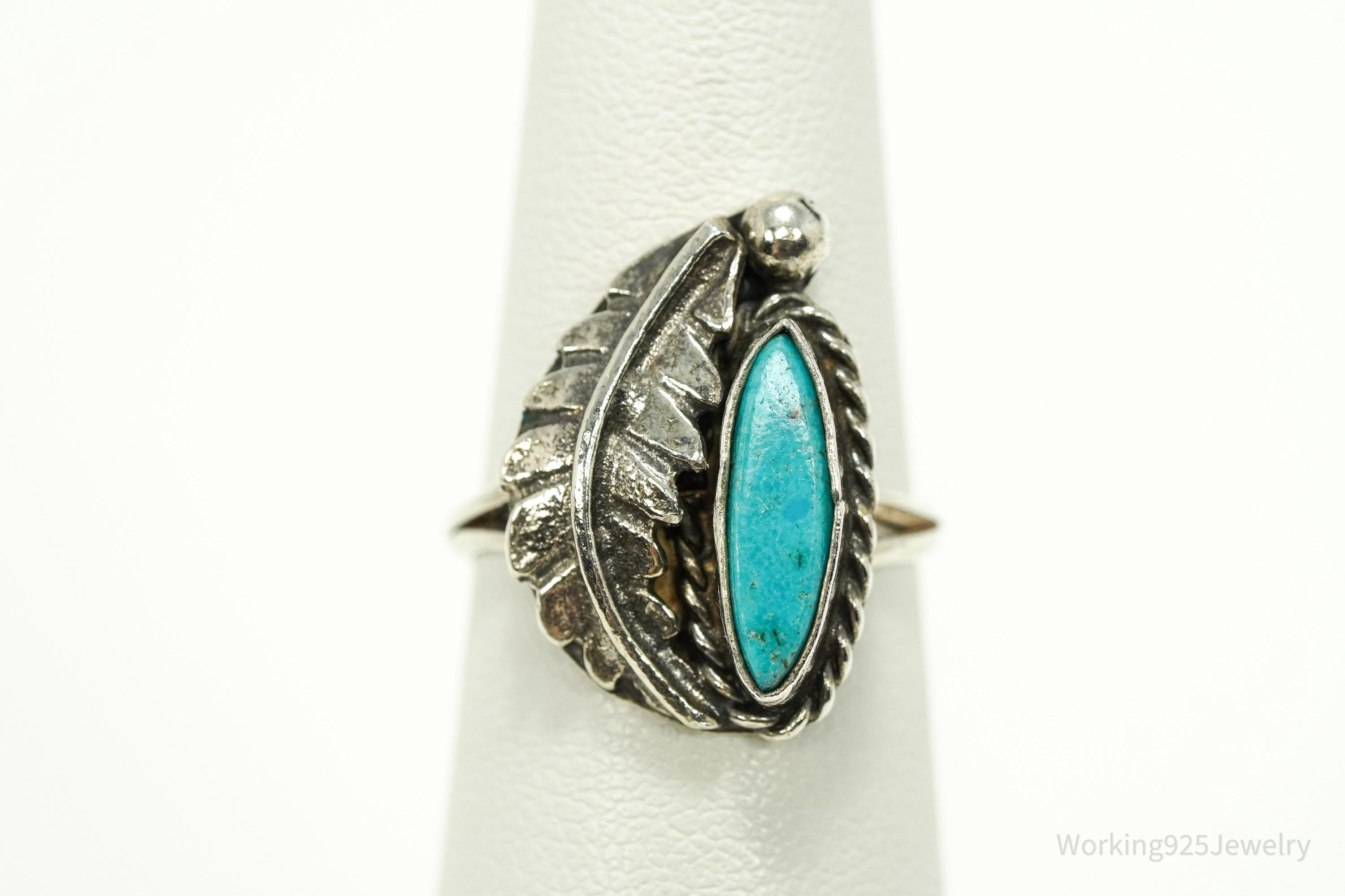 Vintage Handmade Native American Turquoise Unsigned Silver Ring - Size 5.75