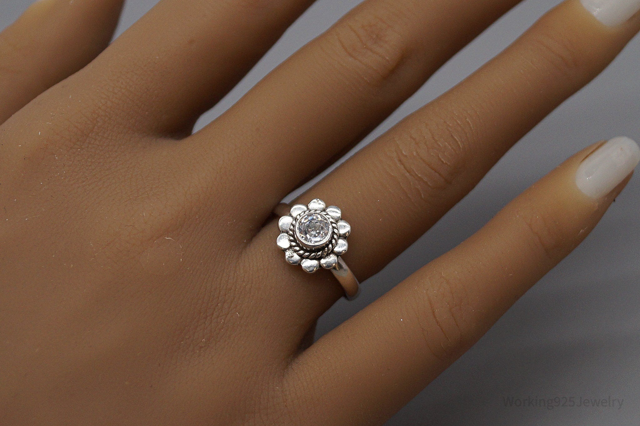 Vintage White Topaz Sterling Silver Flower Ring - Size 6.75