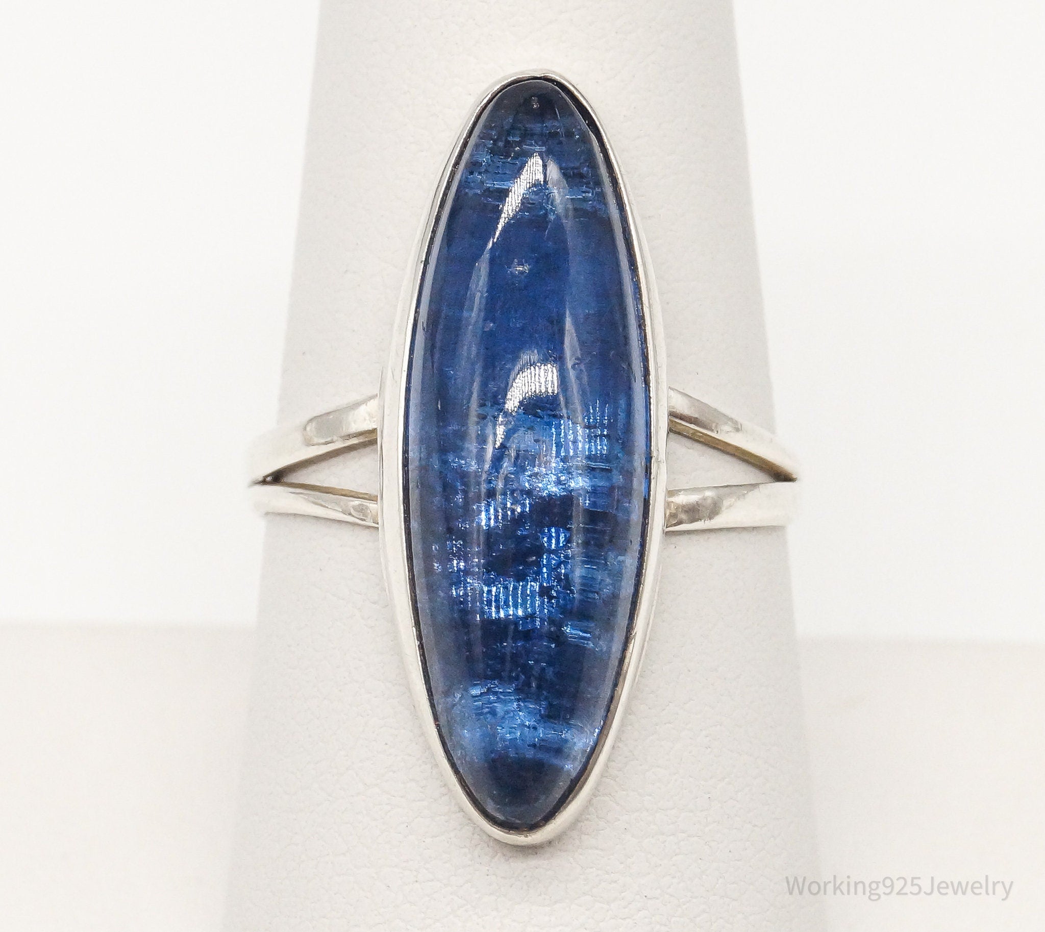 Vintage Mexico Modernist Sleek Blue Glass Sterling Silver Ring - Size 8.25