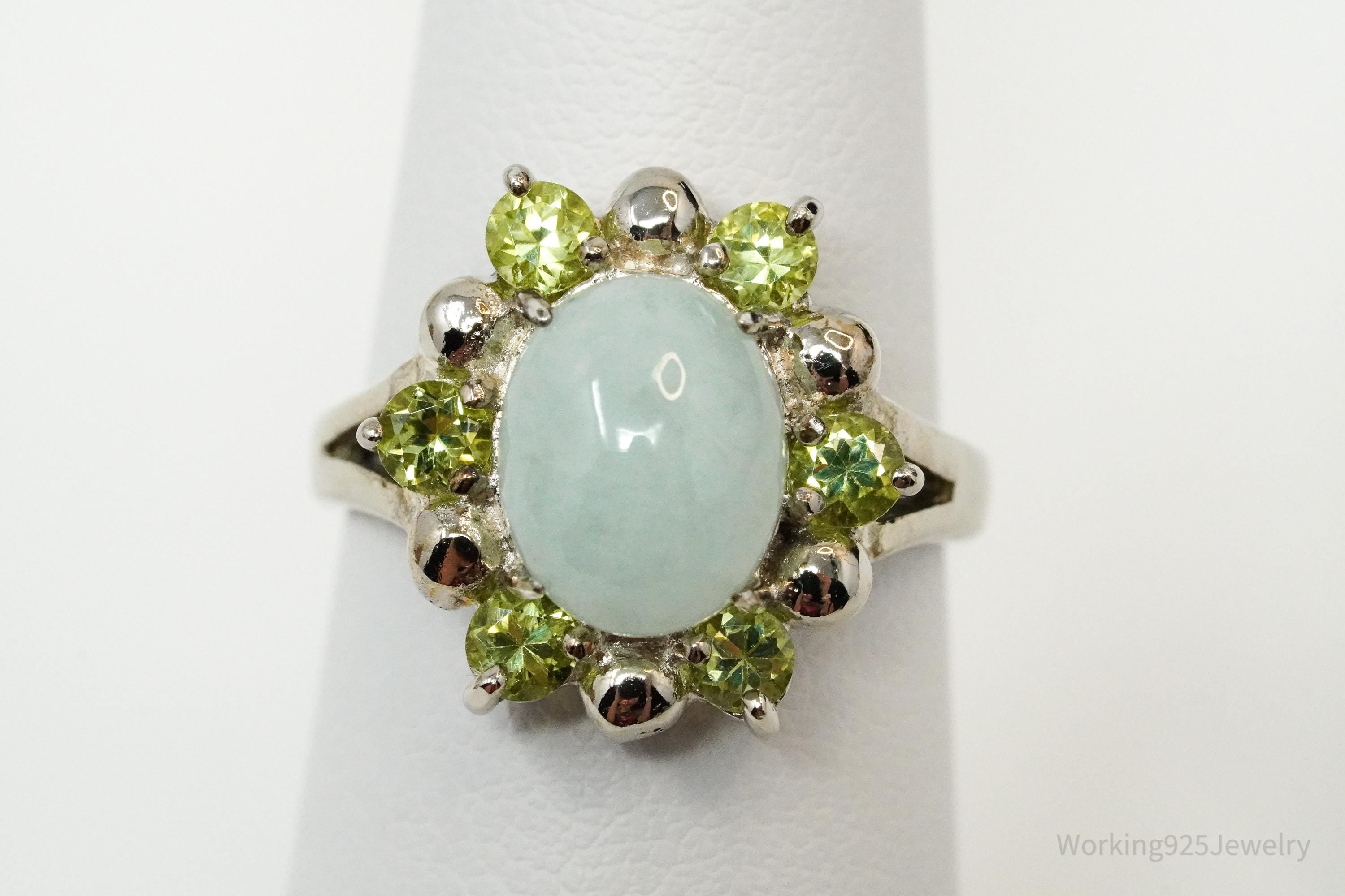 Vintage Green Jade & Peridot Sterling Silver Ring - Size 6