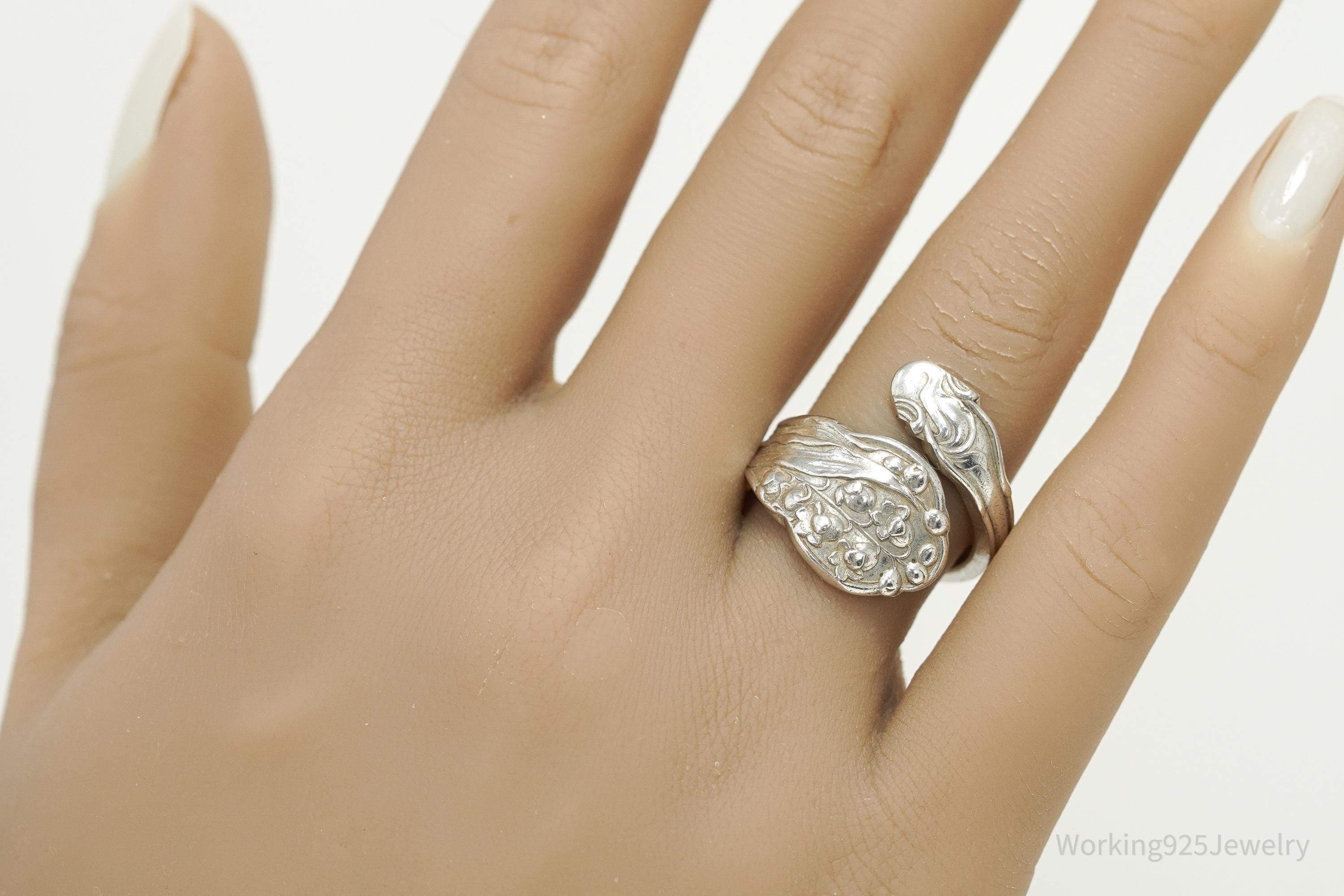 Antique GORHAM Flower Sterling Silver Wrap Spoon Ring - Size 7.25