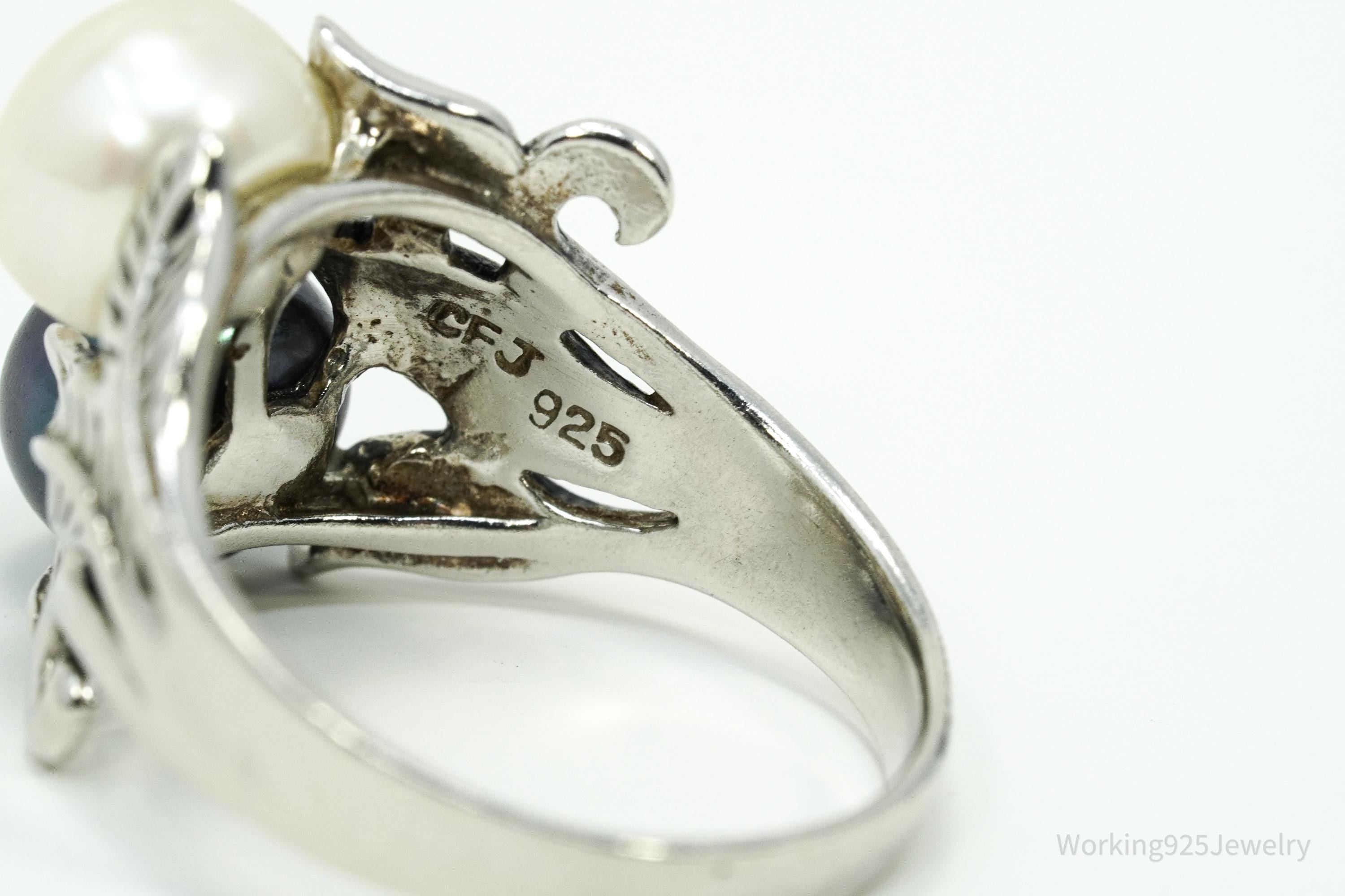 Vintage Designer CFJ White & Tahitian Pearl Sterling Silver Ring Size 10.75