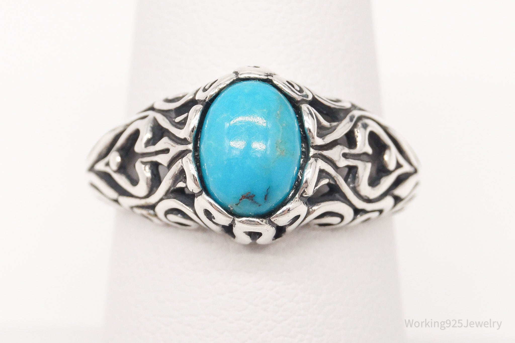 Vintage Blue Turquoise Scroll Swirl Sterling Silver Ring - Size 7.25