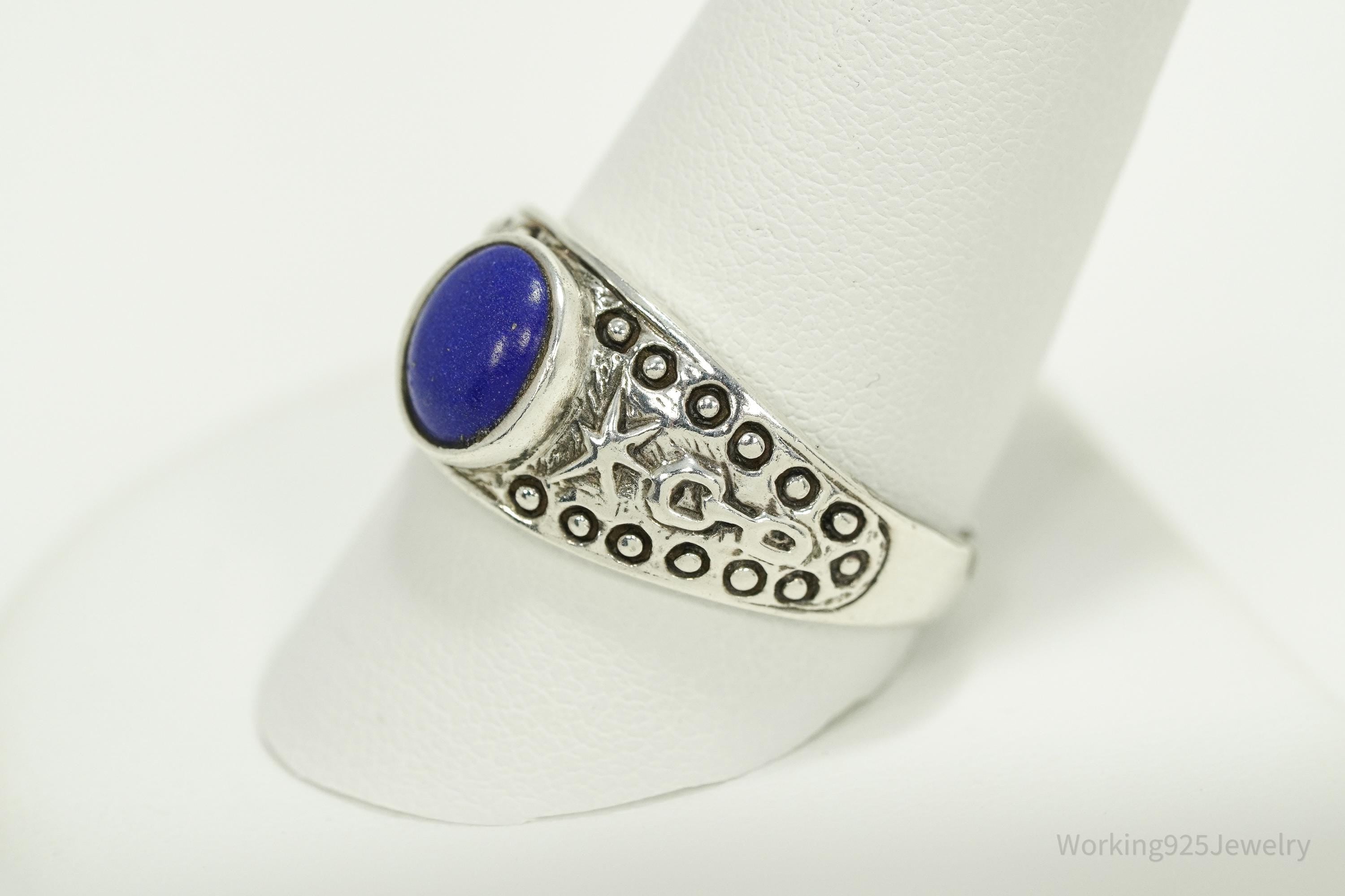 Vintage Lapis Lazuli Viking Style Sterling Silver Ring - Size 11.25
