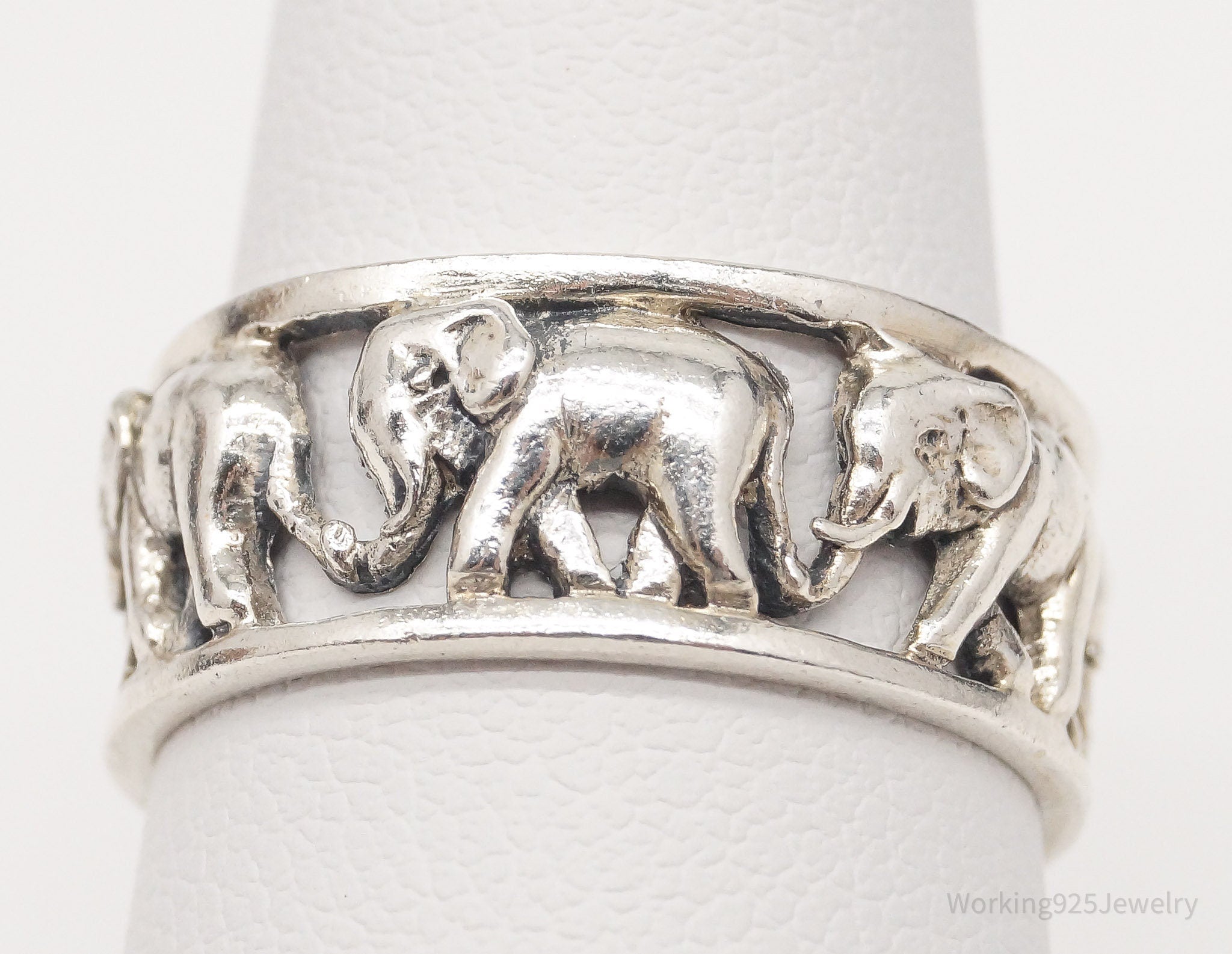 Vintage Elephants Good Luck Sterling Silver Band Ring - Size 7.25