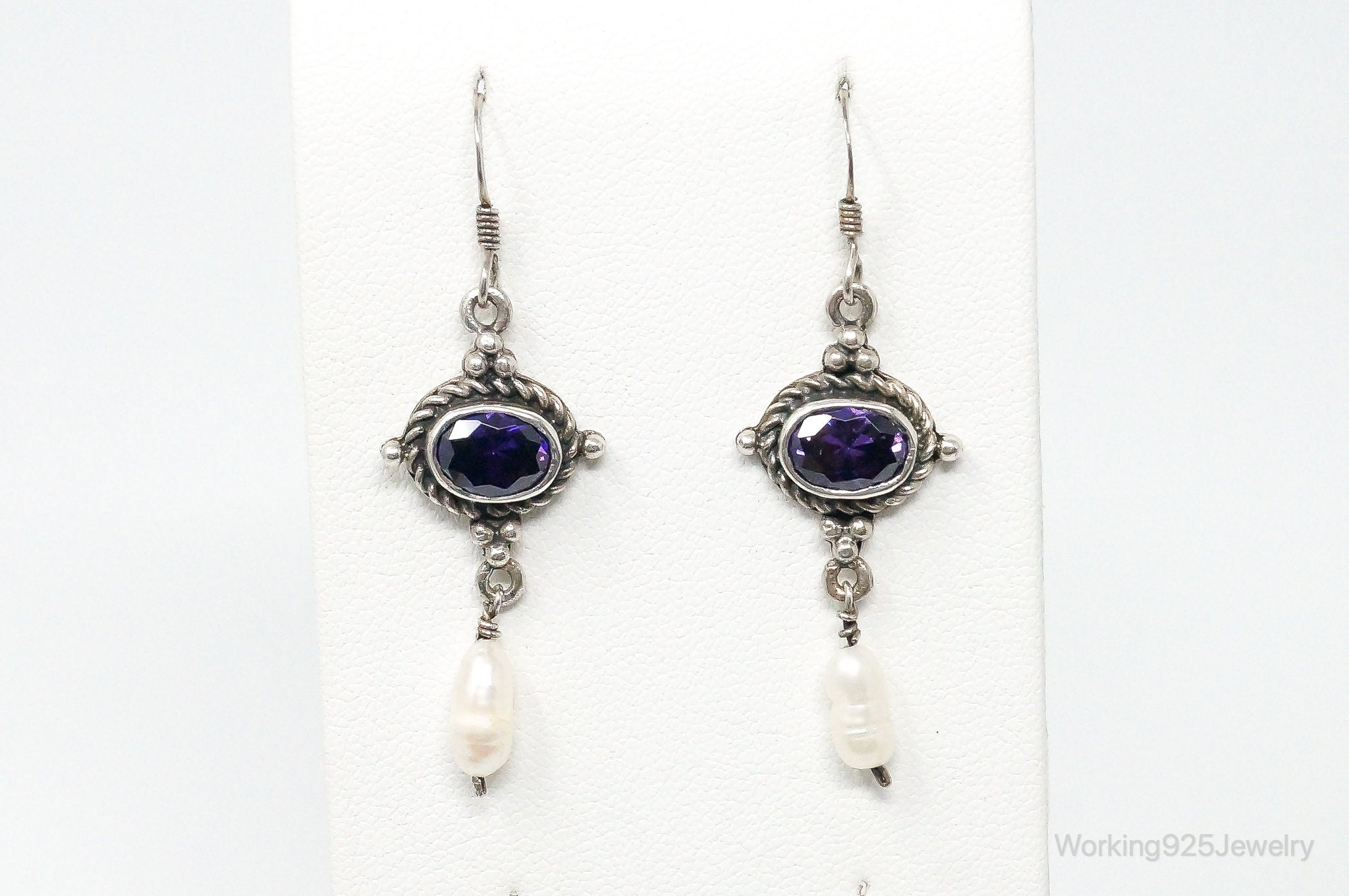 Vintage Pearl Amethyst Dangle Sterling Silver Earrings