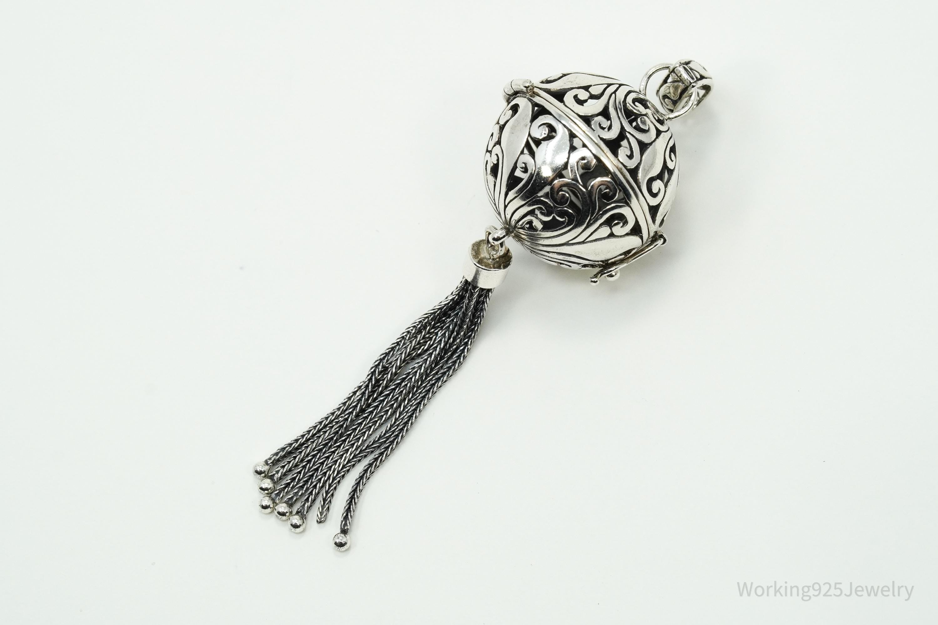 Large Vintage ATI Ornate Ball Dome Cage Sterling Silver Necklace Pendant