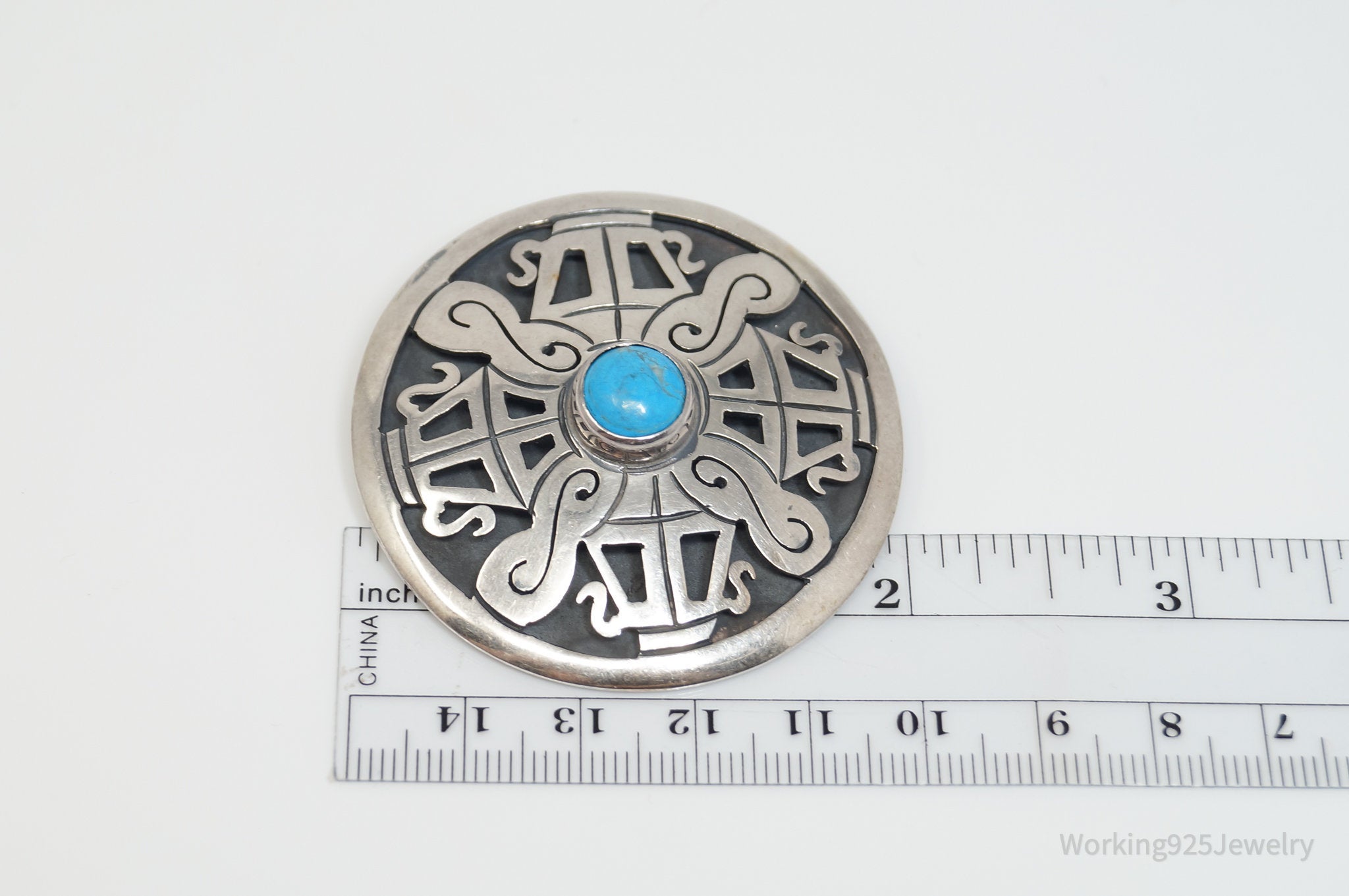 Vintage Taxco Designer Turquoise Shadow Aztec Sterling Silver Brooch Pin Pendant