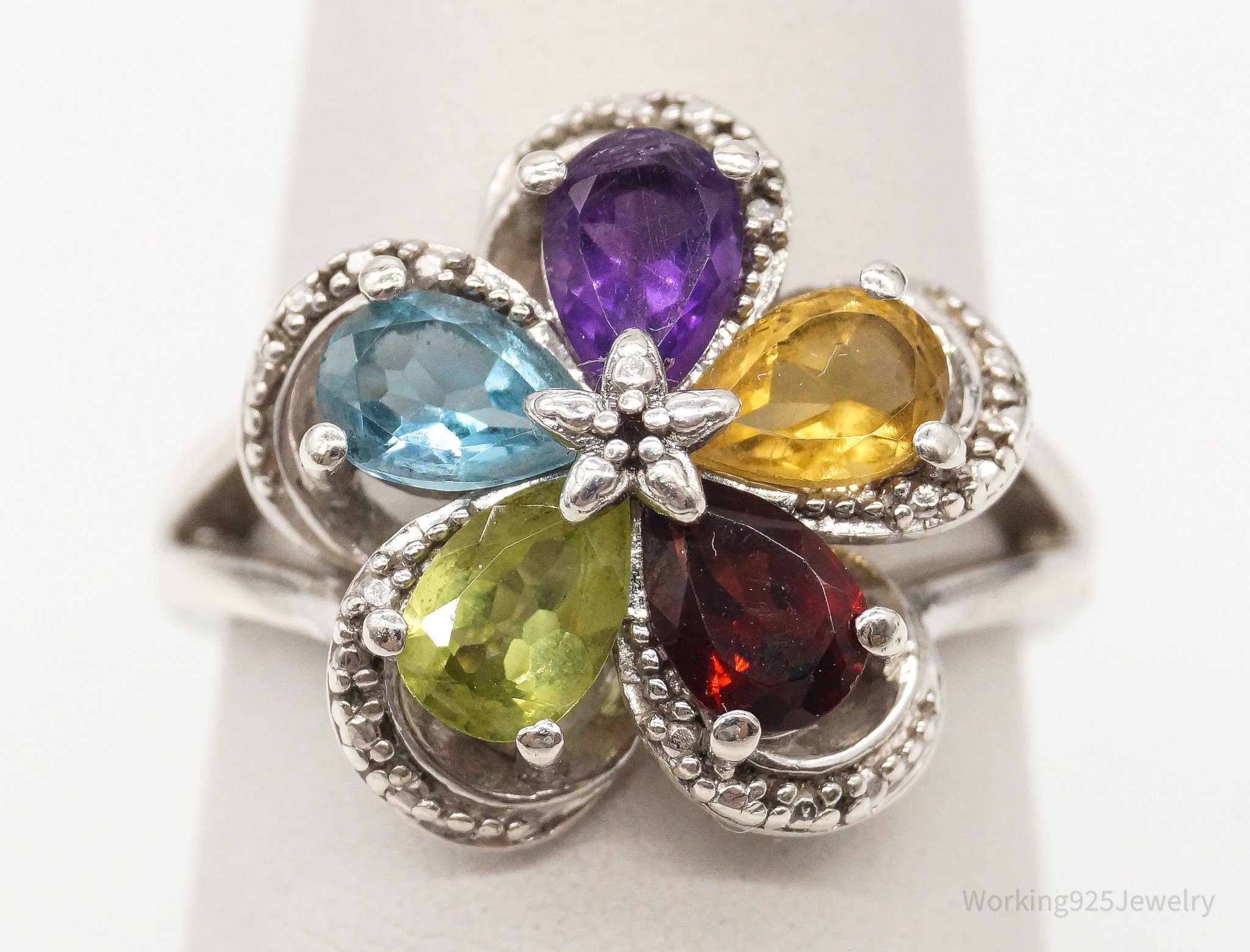 Vintage Multi Gemstone Flower Sterling Silver Ring - Size 6.75