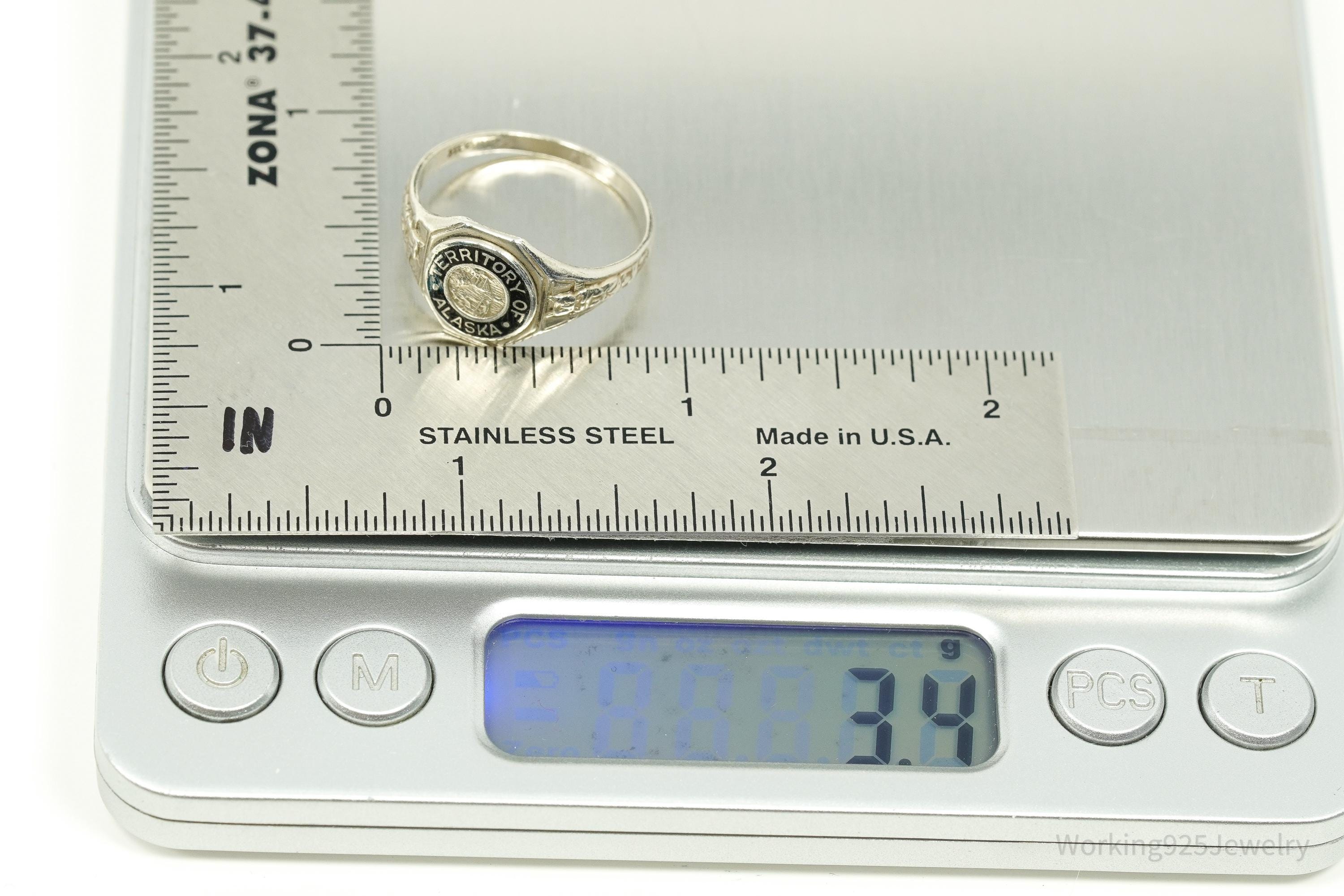 RARE 1930s Territory Of Alaska Souvenir Sterling Silver Ring - Size 9.75
