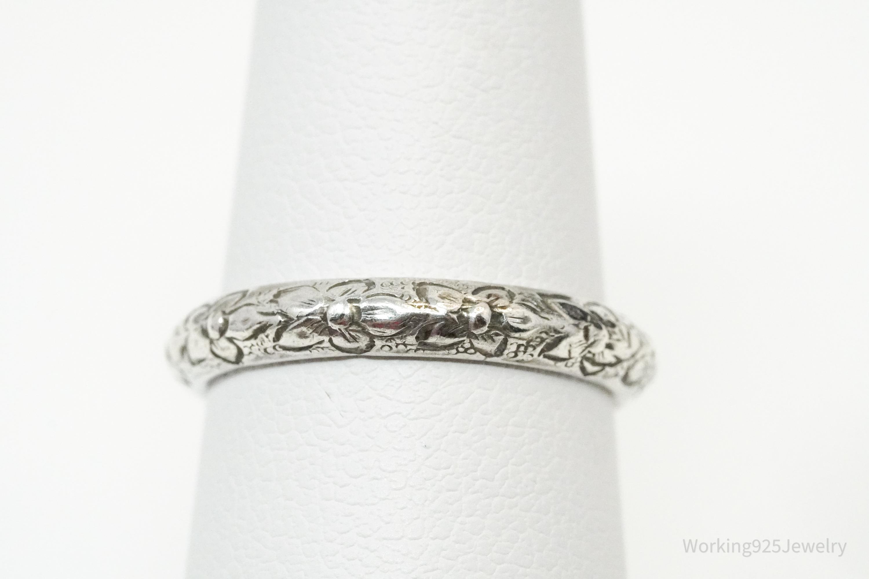 Vintage Floral Pattern Sterling Silver Band Ring - Size 5