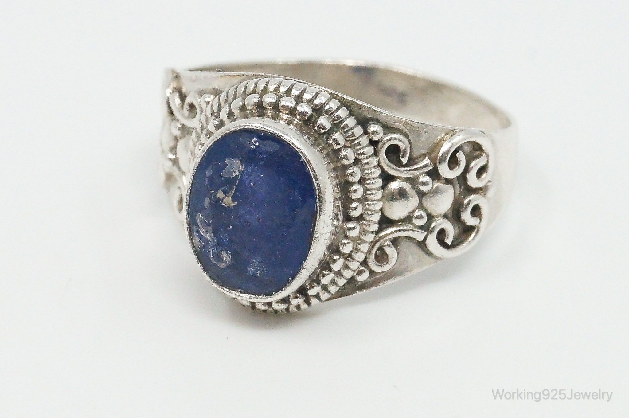 Vintage Dark Blue Gemstone Bali Style Sterling Silver Ring Size 10