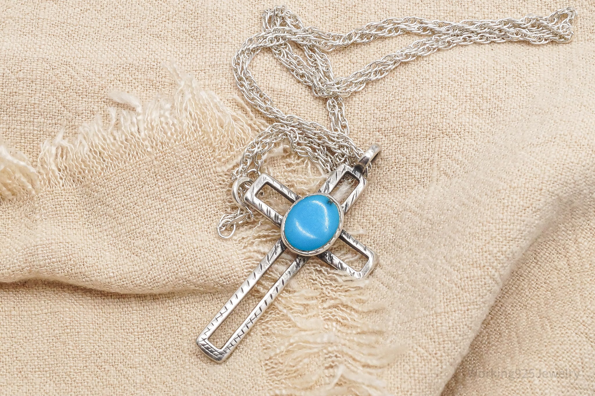 Vintage Western Turquoise Cross Sterling Silver Necklace 20"