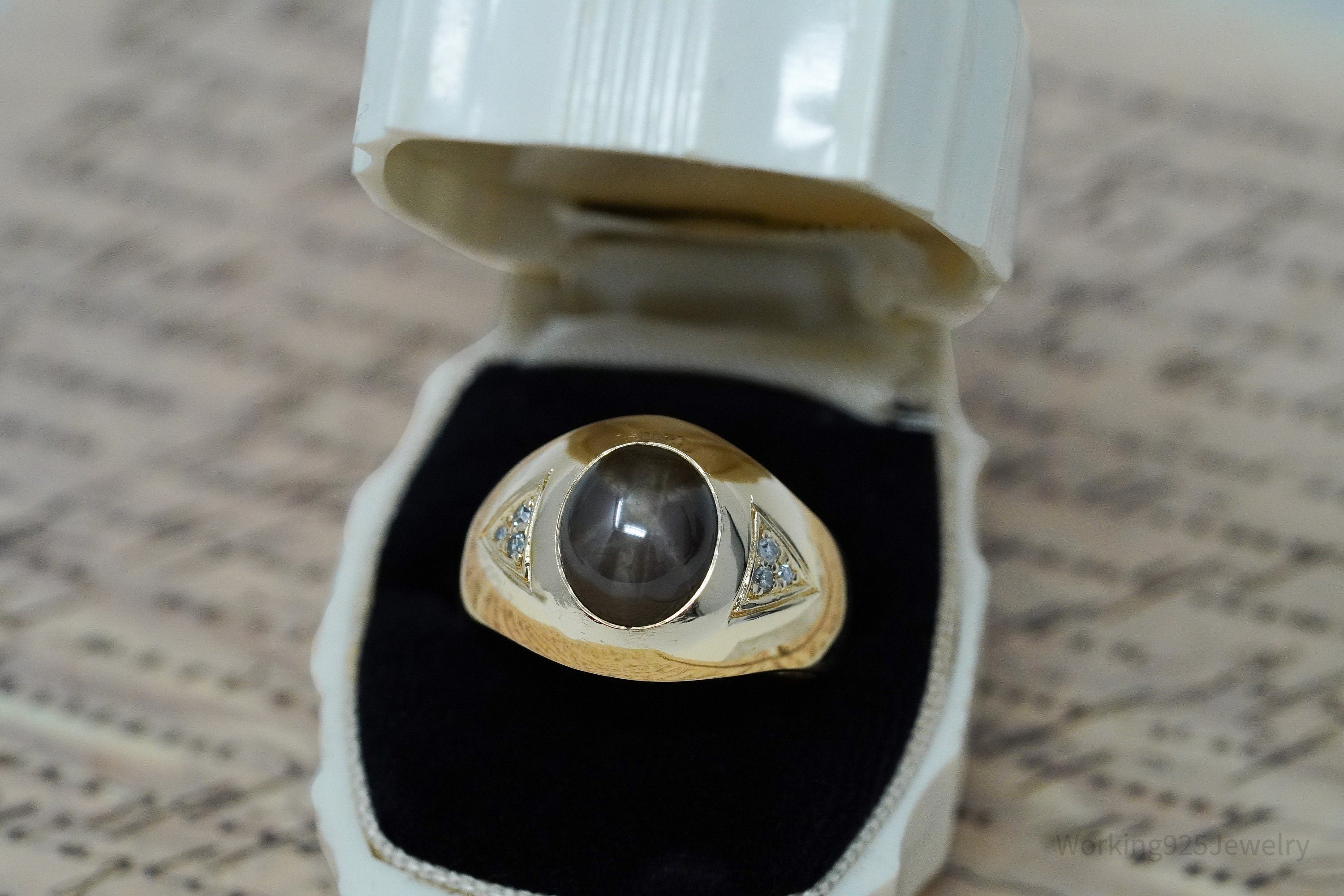 14K Yellow Gold, Synthetic Star Sapphire & Diamond Ring - Size 9.5