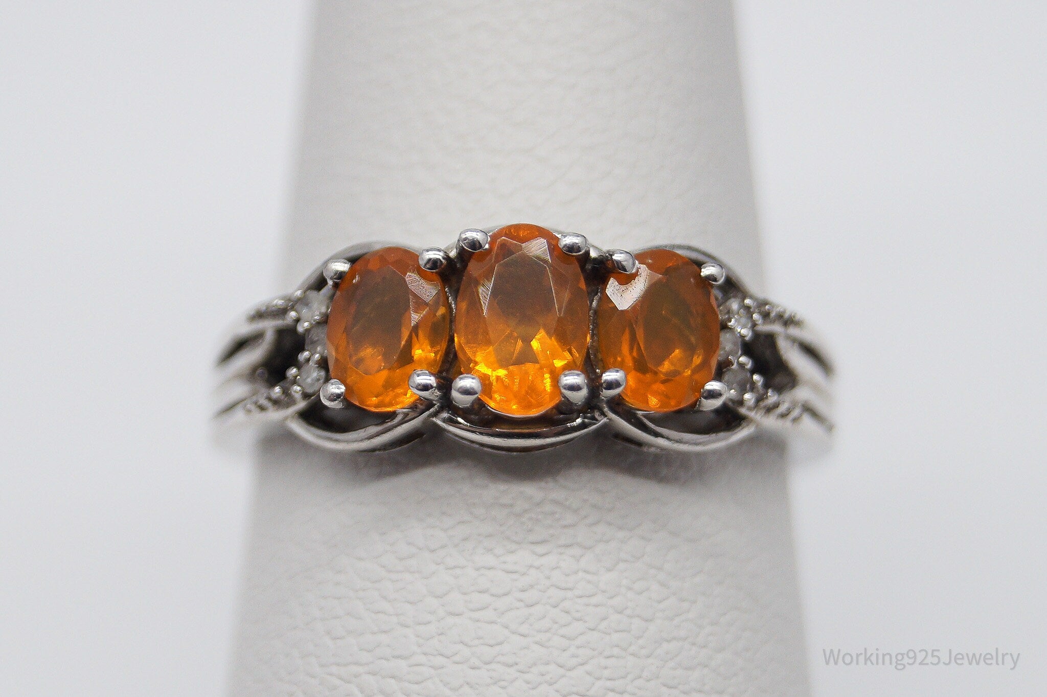 Vintage Orange Fire Opal & Diamond Sterling Silver Ring - Size 7