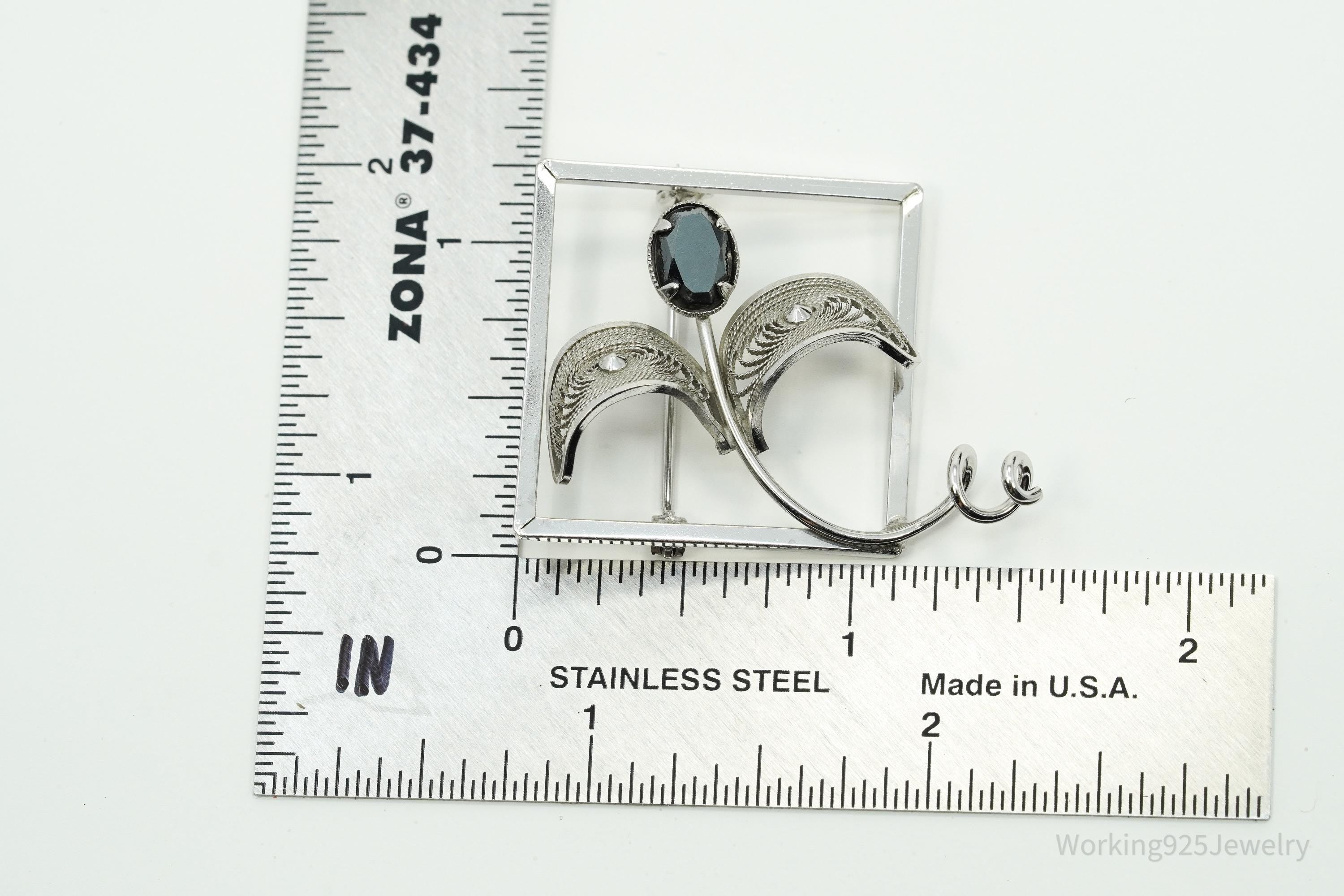 Vintage Designer CR Co Hematite Filigree Sterling Silver Brooch Pin
