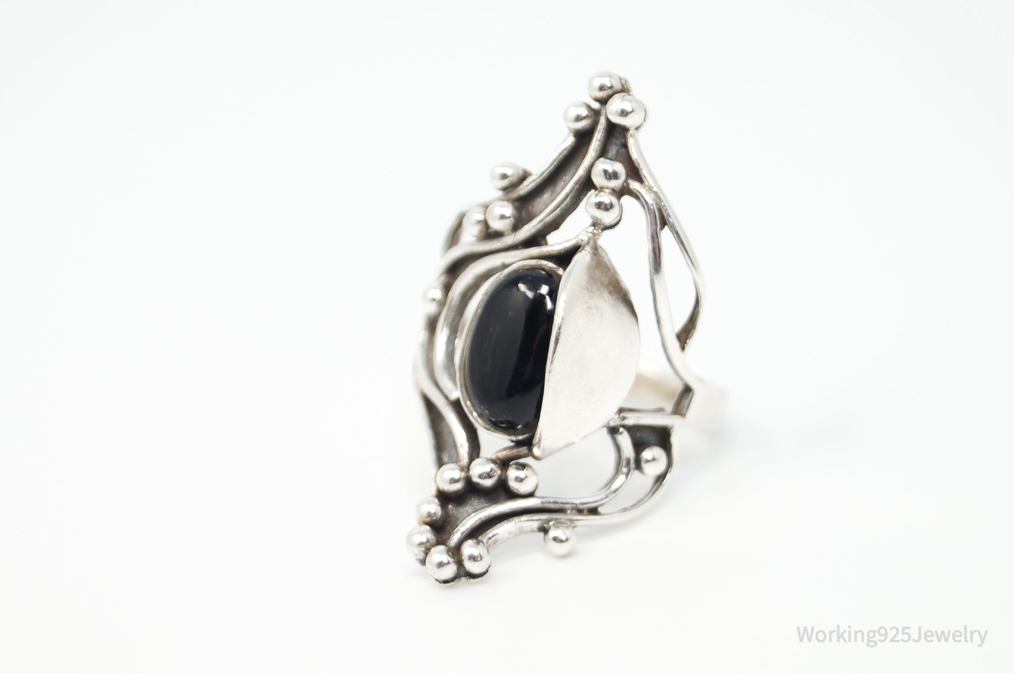 Vintage Modernist Black Onyx Intricate Sterling Silver Ring - Size 7.75