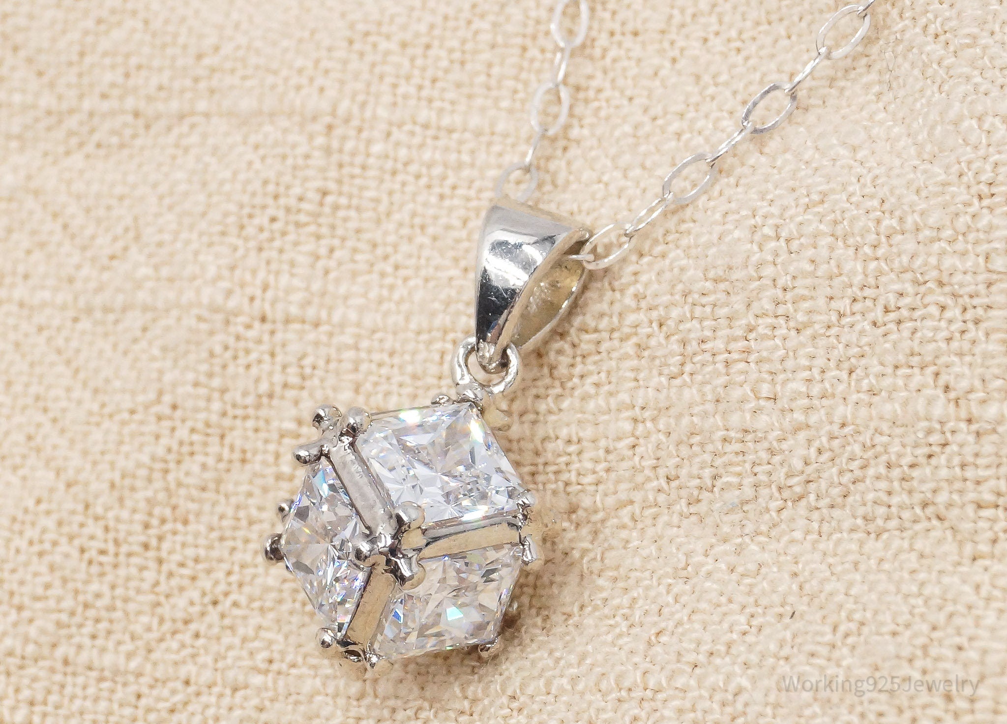 Vintage Cubic Zirconia Cube Sterling Silver Necklace 16"