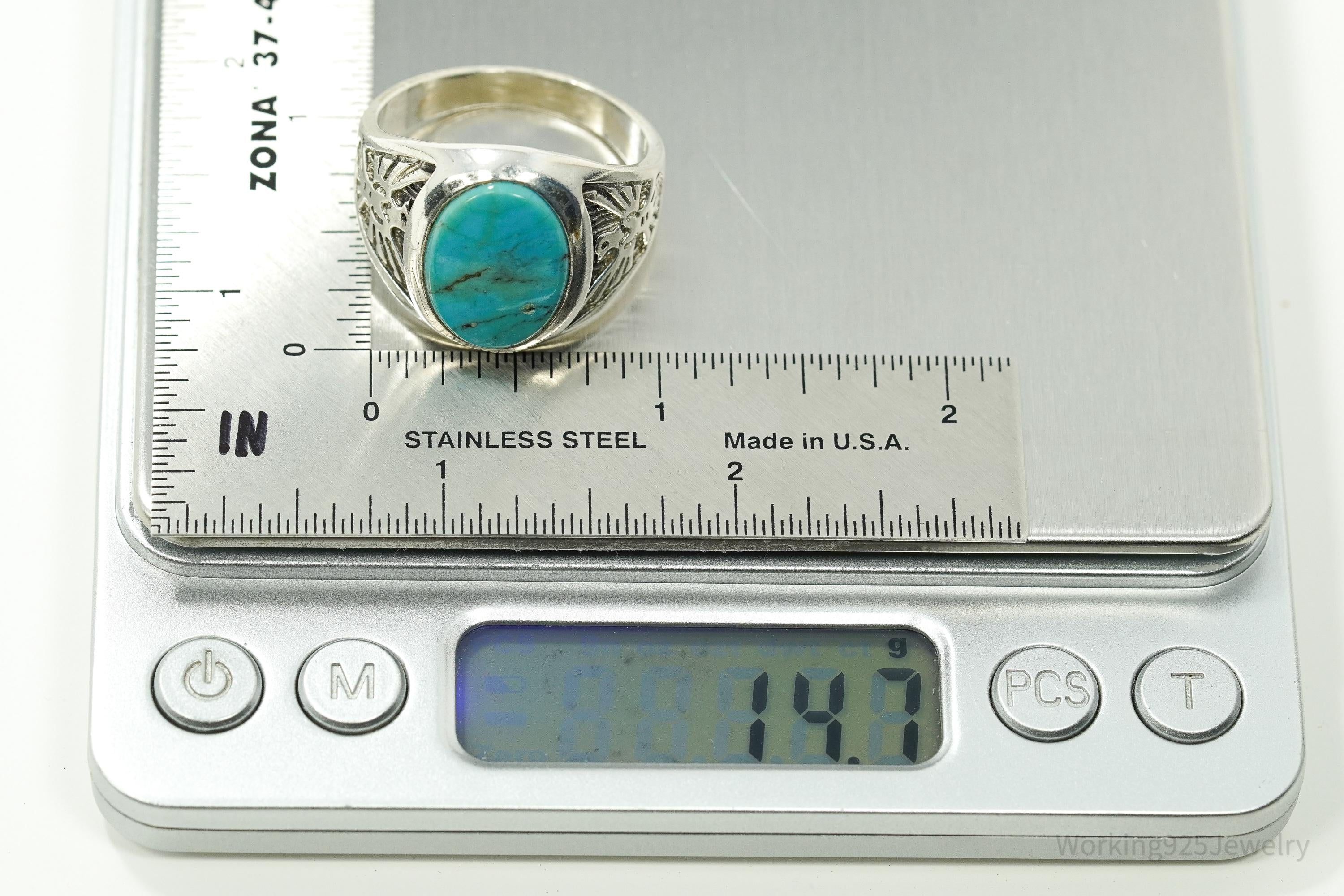 Vintage WMCO Turquoise ThunderBird Design Sterling Silver Ring - Size 15