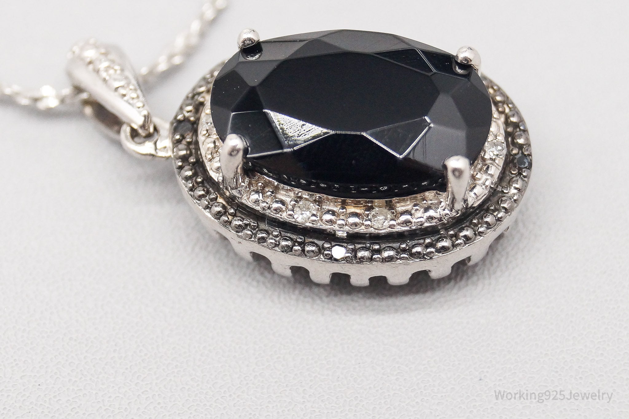 Vintage Black Tourmaline Black & White Diamond Sterling Silver Necklace 18"