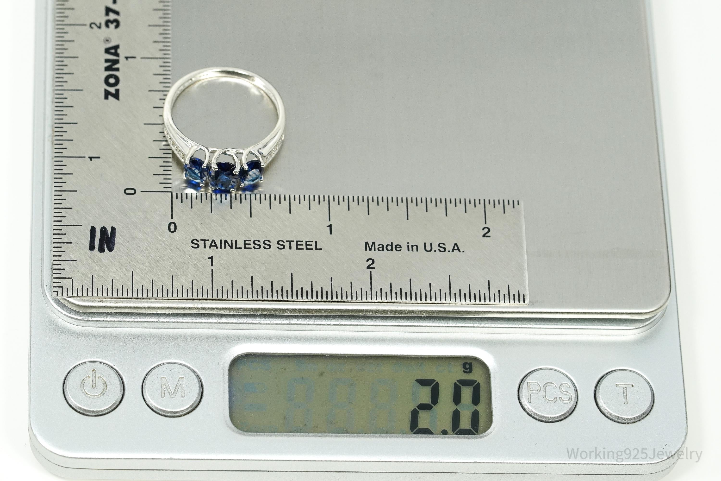 Vintage Blue Simulated Sapphires & 2 Diamonds Sterling Silver Ring - Size 7.25