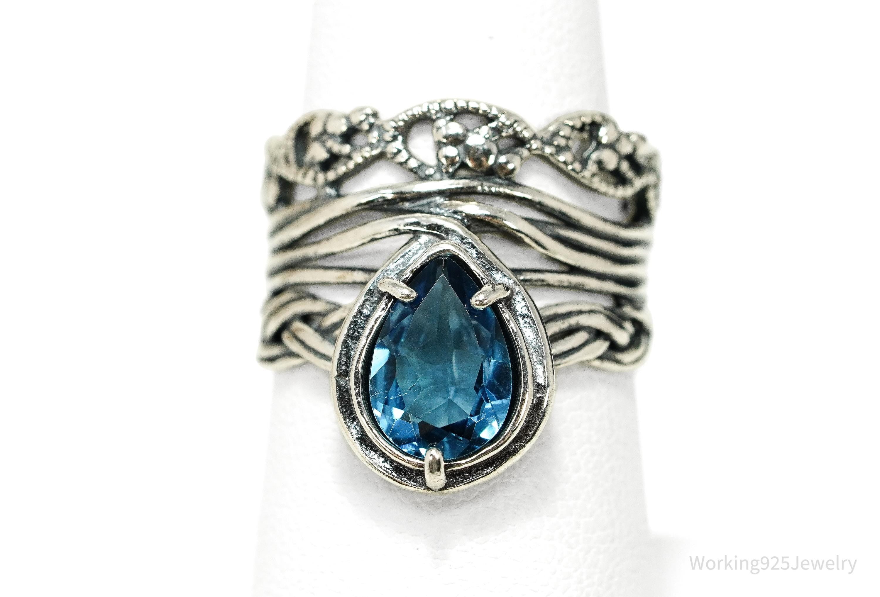 Vintage Israel Designer Paz PZ Blue Topaz Sterling Silver Ring - Size 7.5