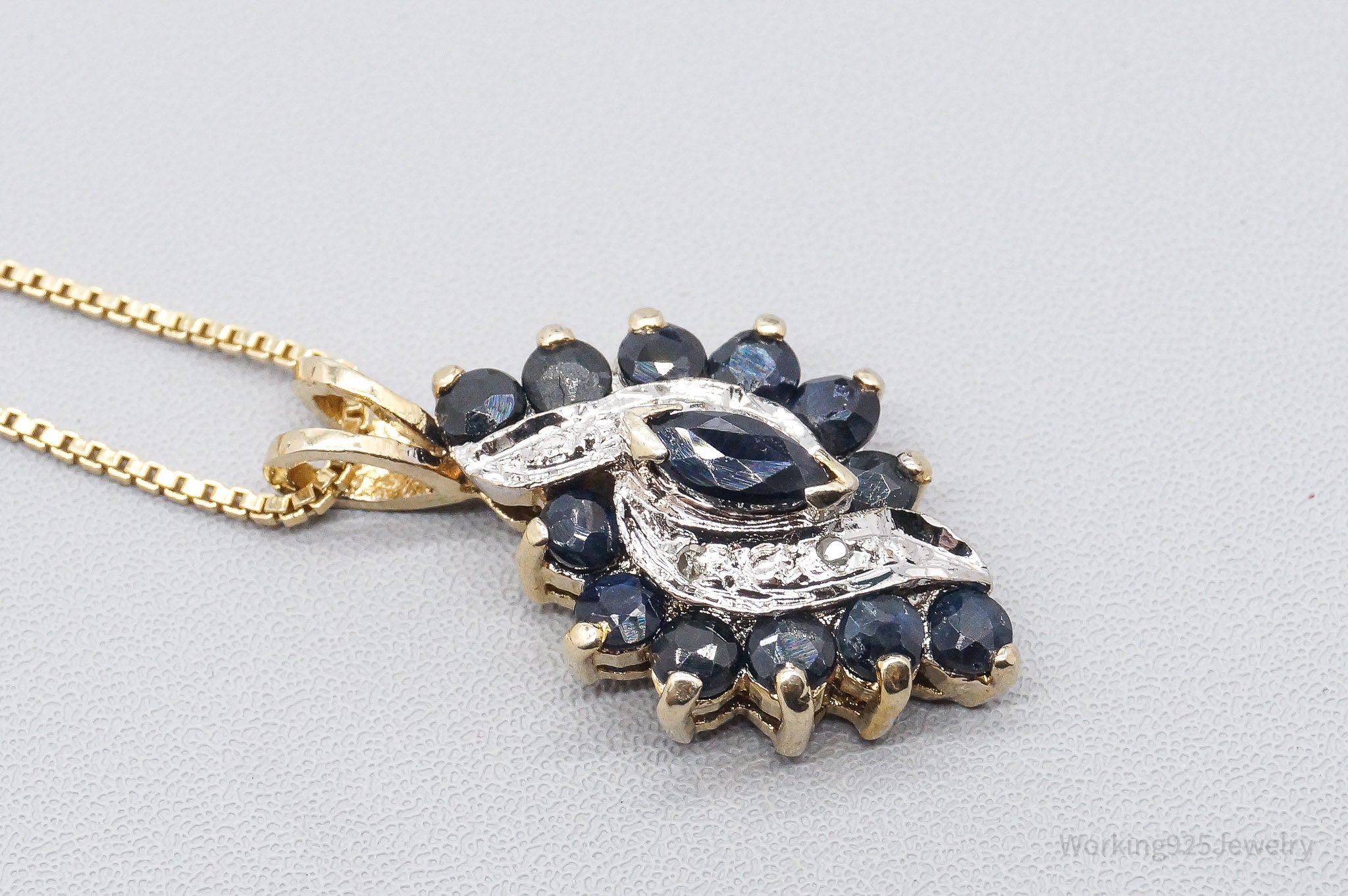 VTG Ross Simons Sapphires 4 Diamond Gold Vermeil Sterling Silver Necklace 24"