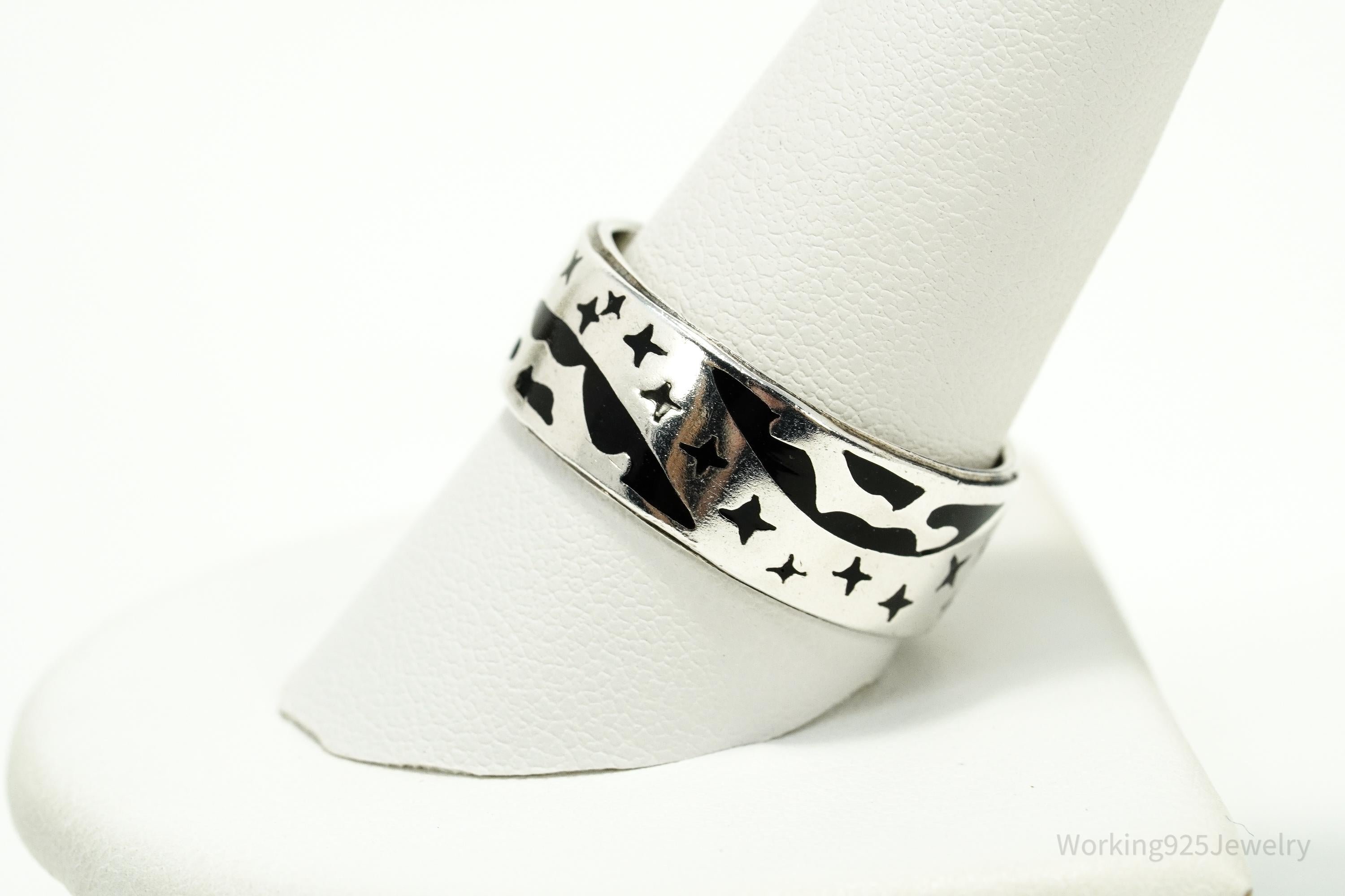 Vintage Earth & Stars Enamel Sterling Silver Band Ring - Size 10.5