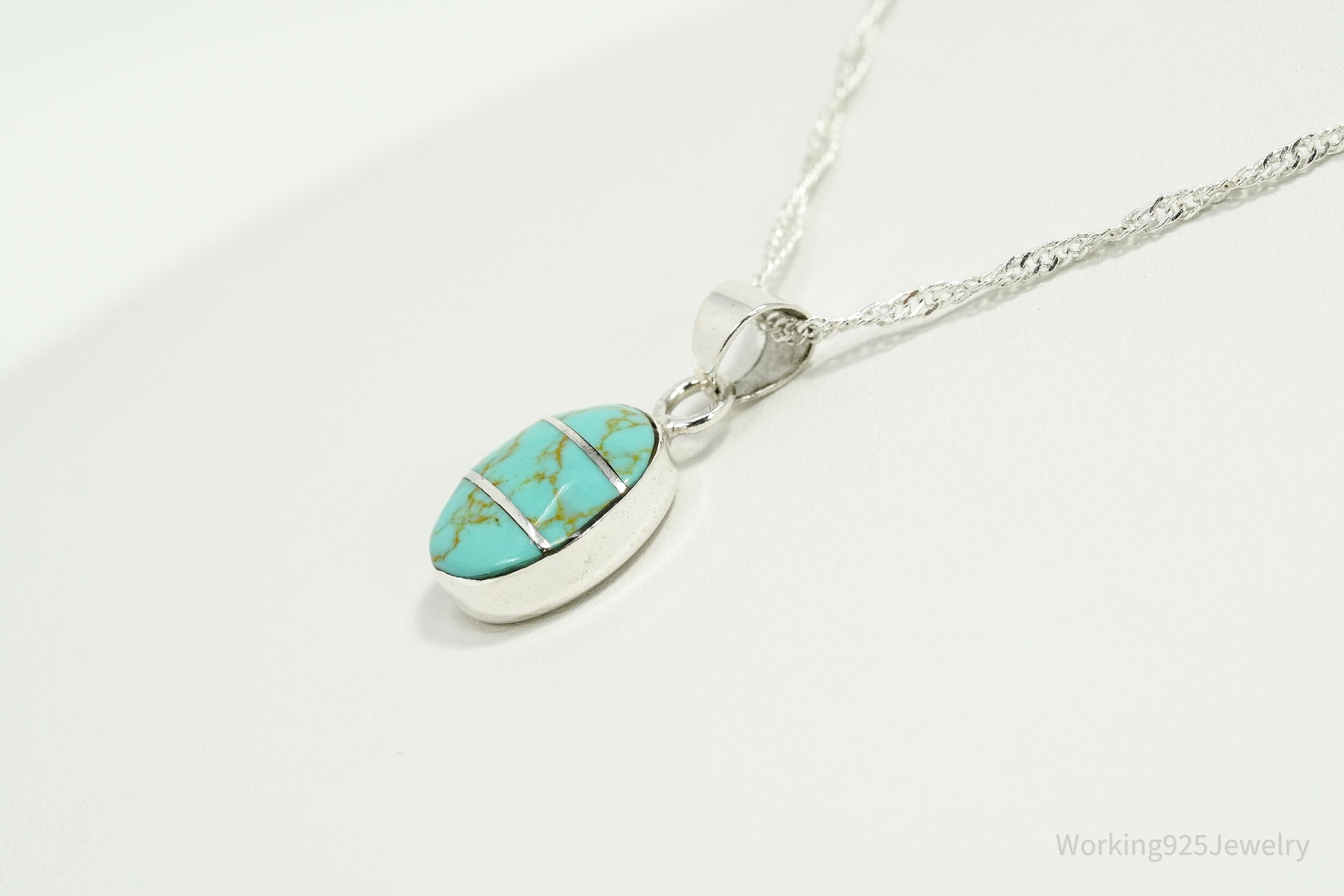 Vintage Blue Turquoise Inlay Sterling Silver Necklace 18"