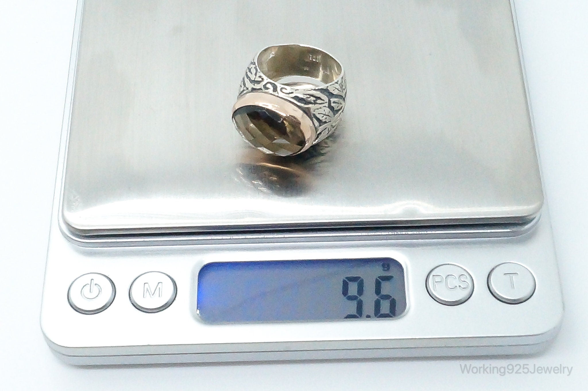 Vintage Large Smoky Topaz 14K Gold Sterling Silver Ring - Size 7.25