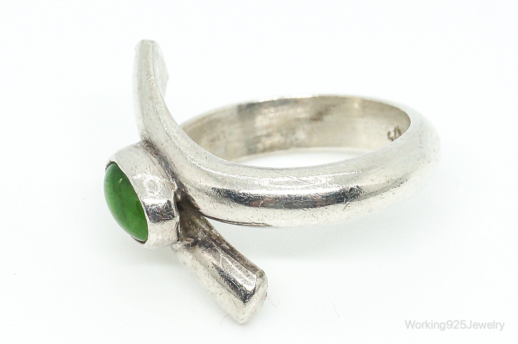 Vintage Mexico Modernist Sleek Green Glass Sterling Silver Ring - Size 8.25