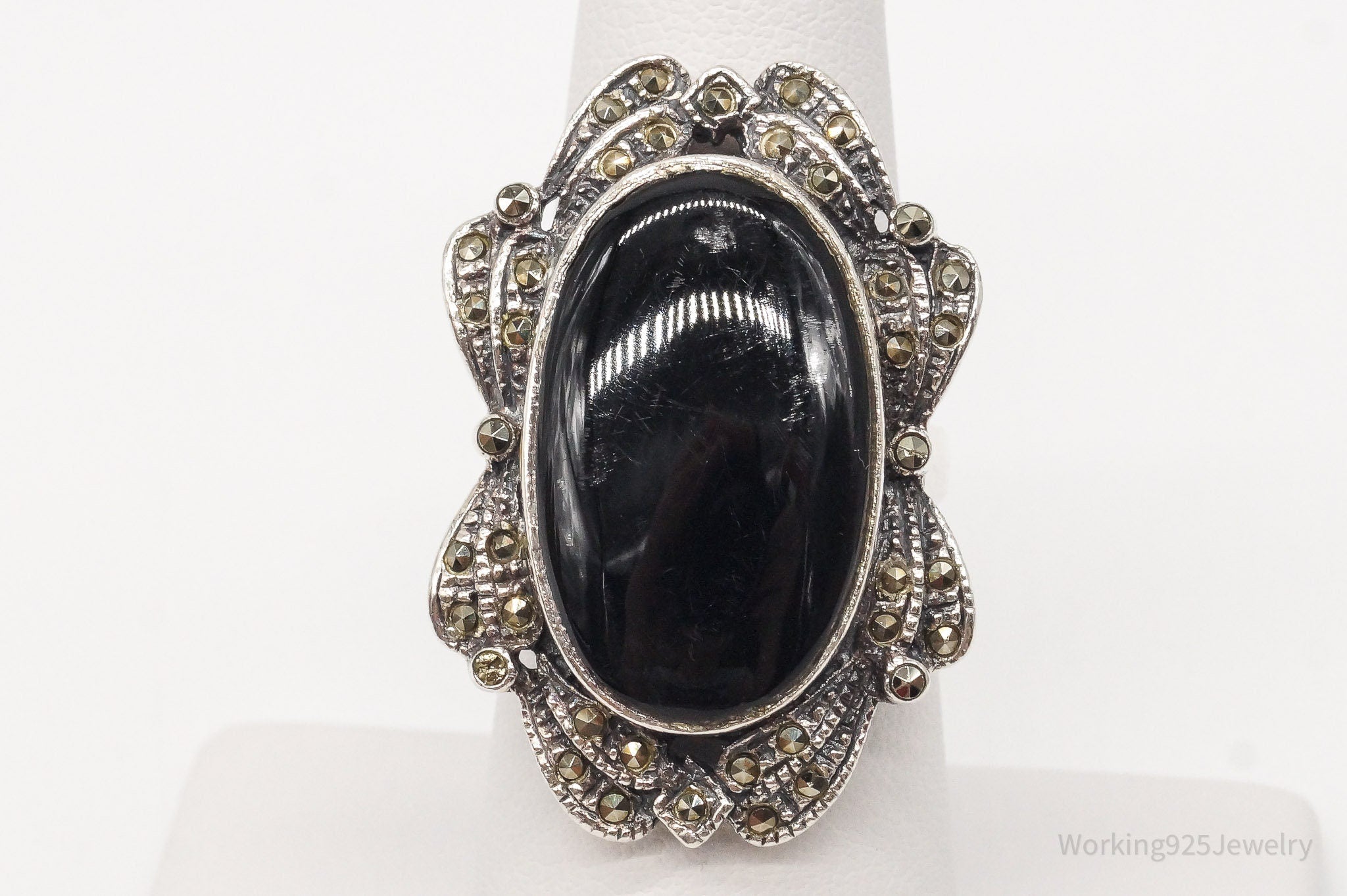 Vintage Large Black Onyx Marcasite Sterling Silver Ring - Size 6.5