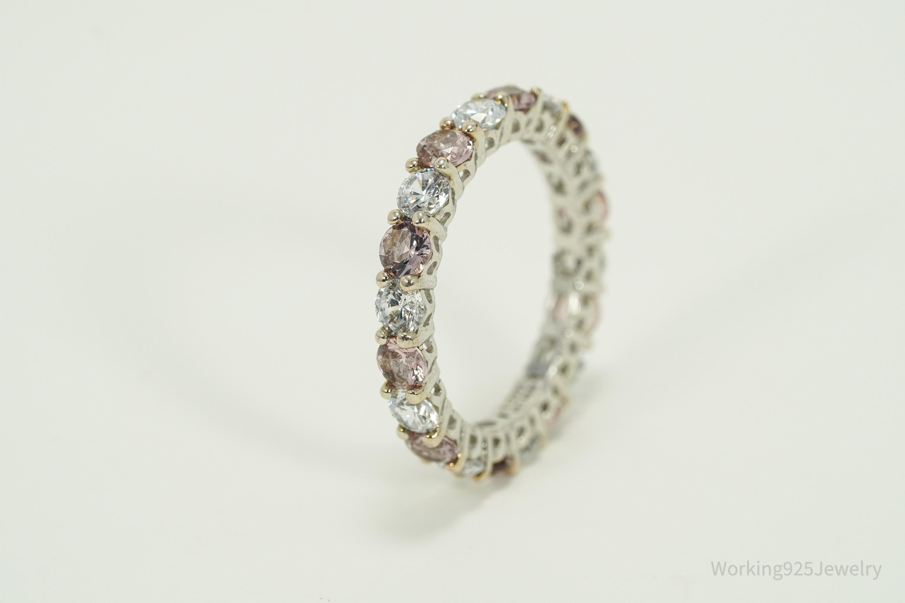 Vintage Cubic Zirconia Platinum Clad Sterling Silver Ring - Size 8