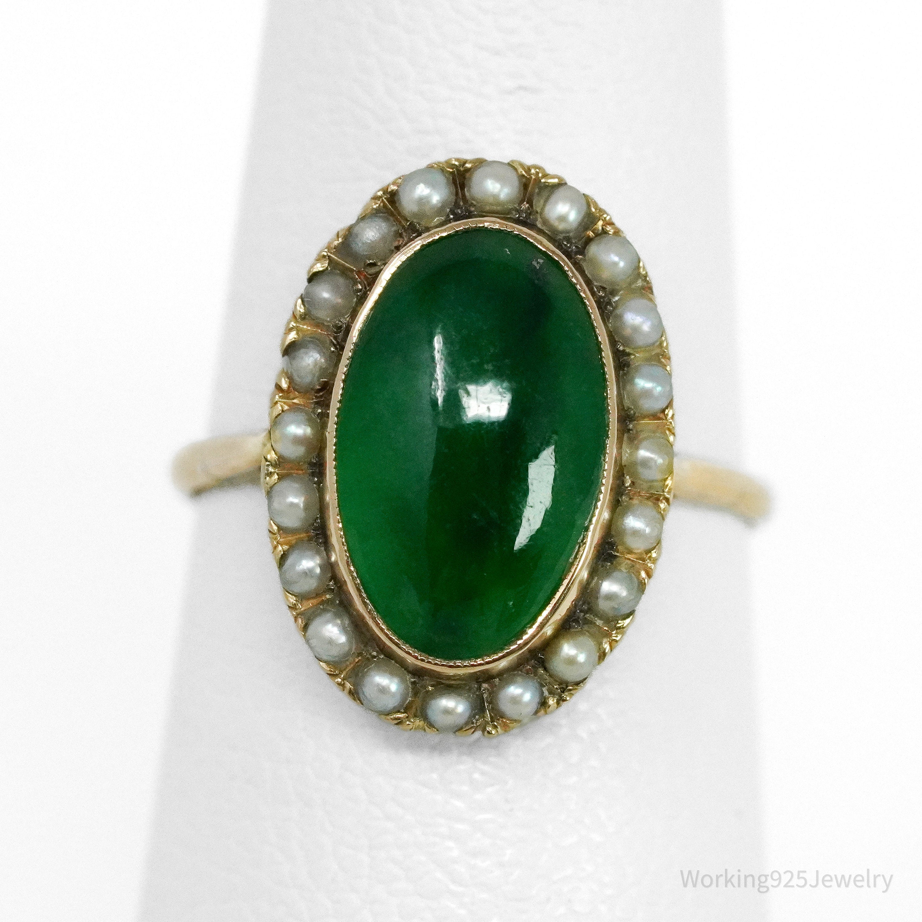14K Yellow Gold Jadeite Jade Cabochon & Seed Pearls Ring - Size 4 1/2
