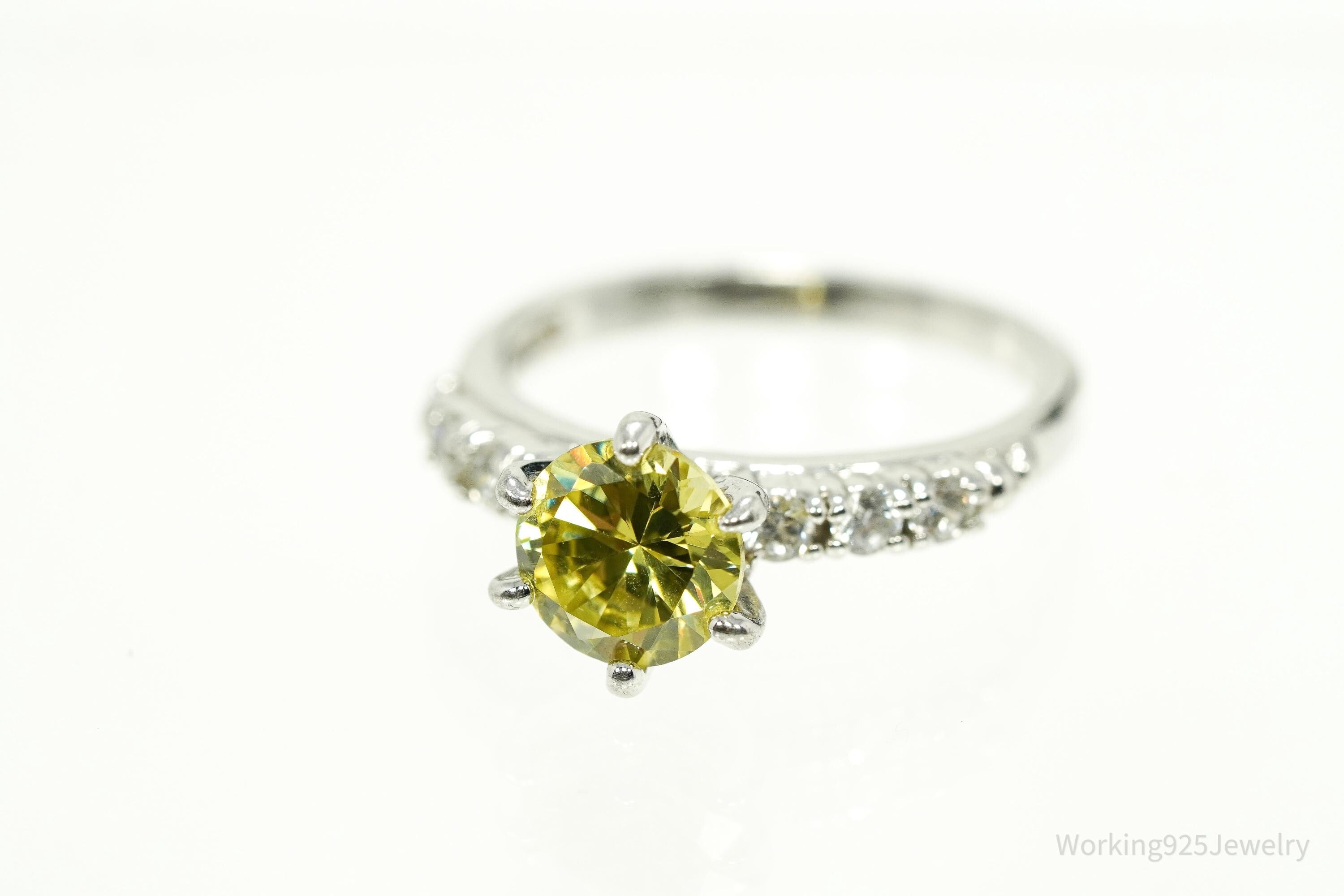 Vintage Yellow & White Cubic Zirconia Silver Ring - Size 9